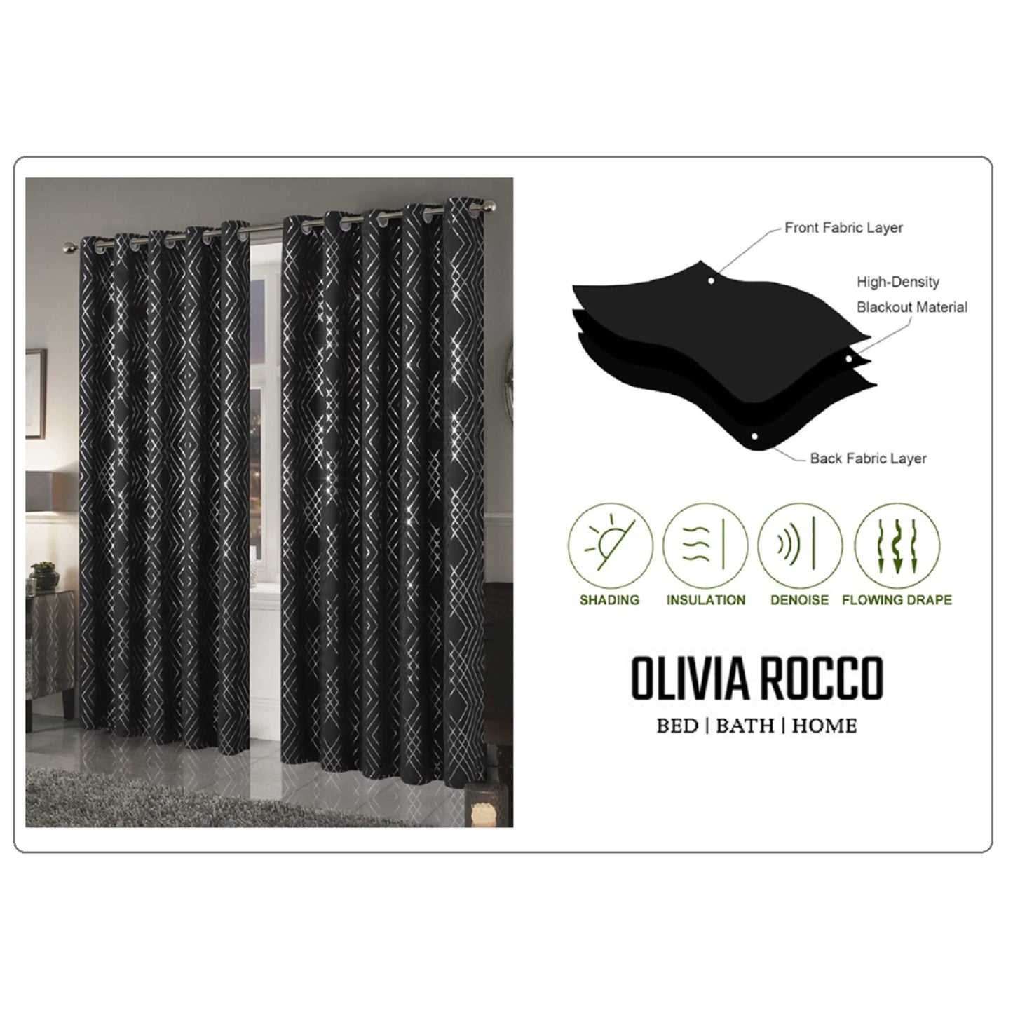 OLIVIA ROCCO Geometric Sparkle Blackout Curtains Soft Thermal Insulated Eyelet Ring Top For Living Room And Bedroom Drapes