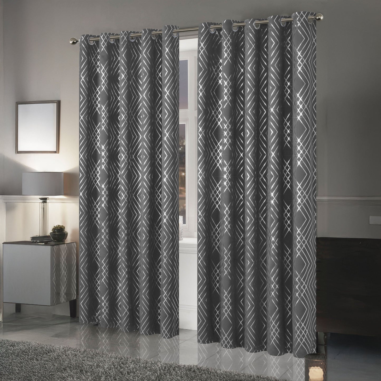OLIVIA ROCCO Geometric Sparkle Blackout Curtains Silver Eyelet Ring Top Soft Thermal Insulated Drapes For Living Room And Bedroom