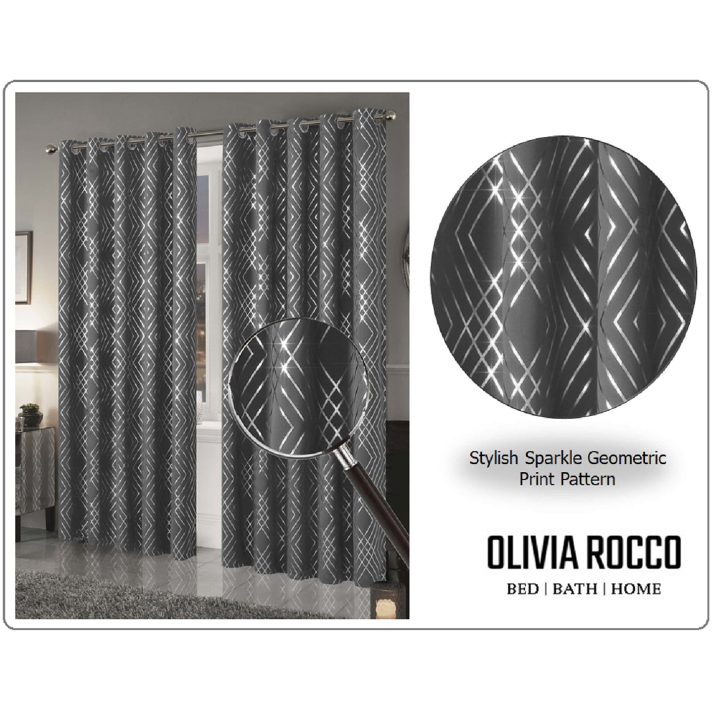 OLIVIA ROCCO Geometric Sparkle Blackout Curtains Silver Eyelet Ring Top Soft Thermal Insulated Drapes For Living Room And Bedroom