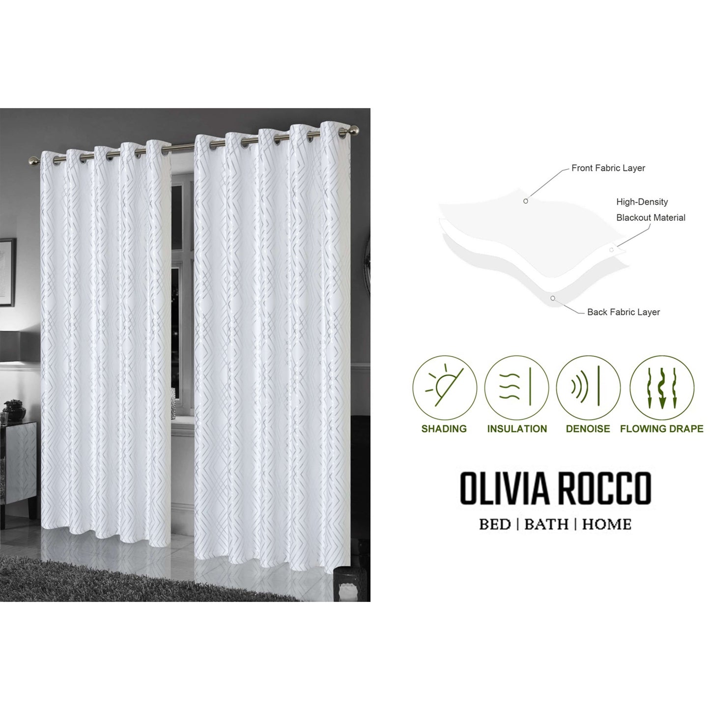 OLIVIA ROCCO Geometric White Sparkle Blackout Curtains Soft Thermal Insulated Drapes Eyelet Ring Top Living Room And Bedroom