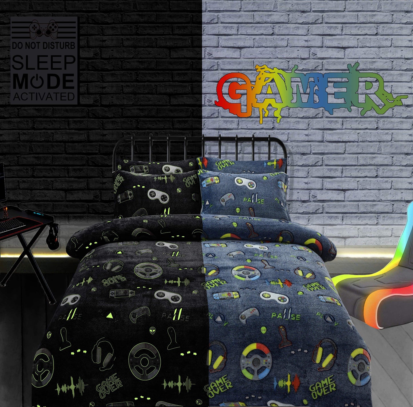 OLIVIA ROCCO Glow In The Dark Teddy Fleece Duvet Set For Kids Winter Warm Cosy Bedding With Soft Plush Texture Machine Washable Easy Care Durable