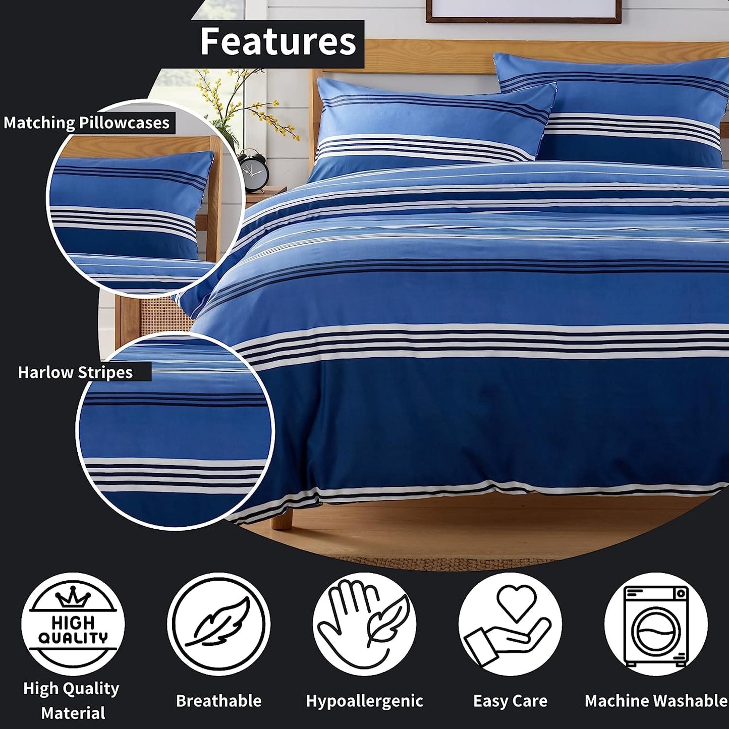 OLIVIA ROCCO Harlow Stripes Blue Duvet Cover Set With Pillowcases, Breathable Polyester, Button Closure, Available In Single Double King