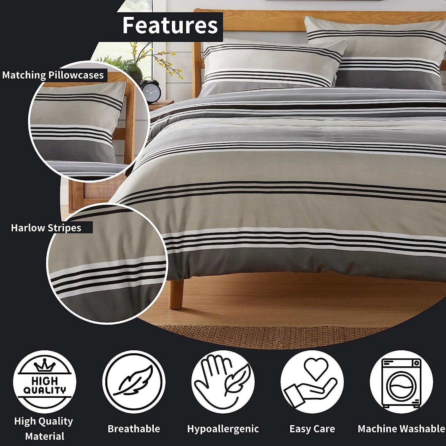 OLIVIA ROCCO Harlow Stripes Grey Reversible Quilted Duvet Cover Set With Button Closure Polyester Blend Breathable And Durable Single Double King