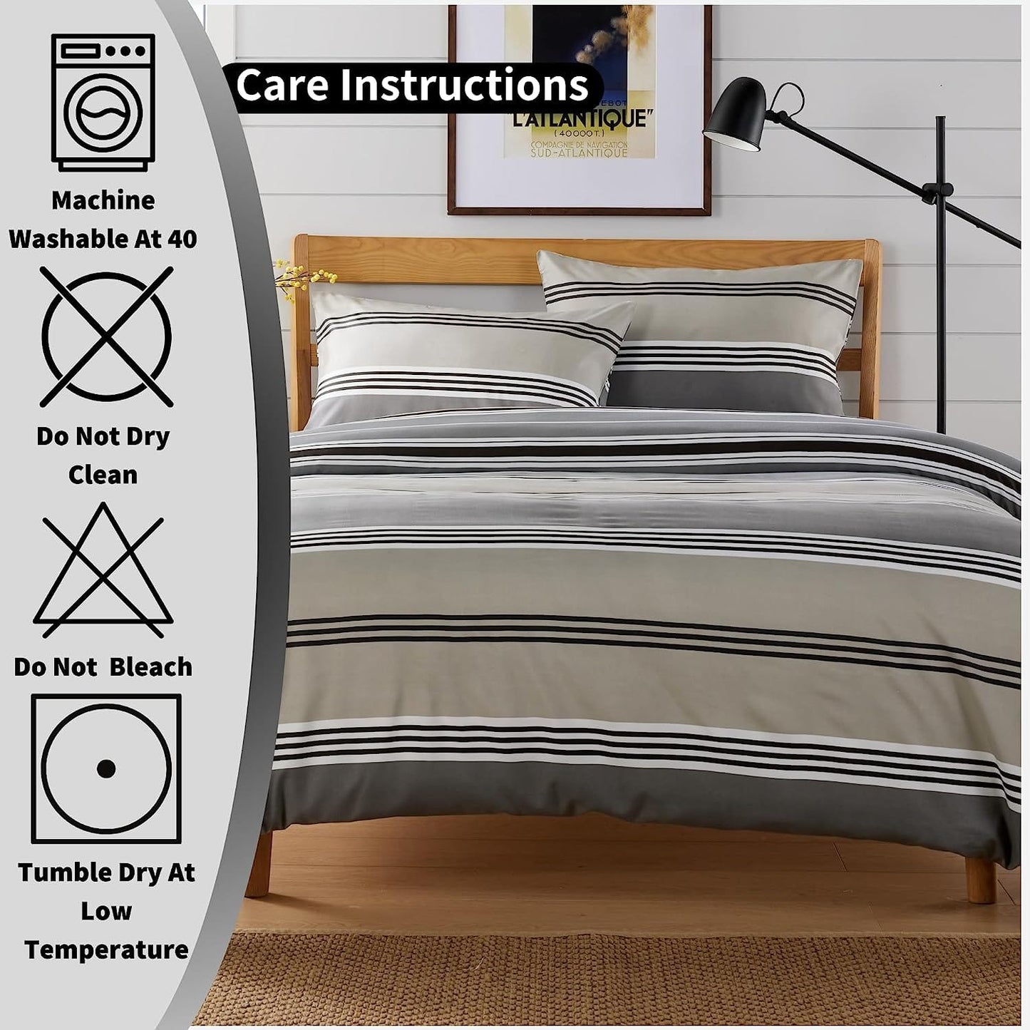 OLIVIA ROCCO Harlow Stripes Grey Reversible Quilted Duvet Cover Set With Button Closure Polyester Blend Breathable And Durable Single Double King