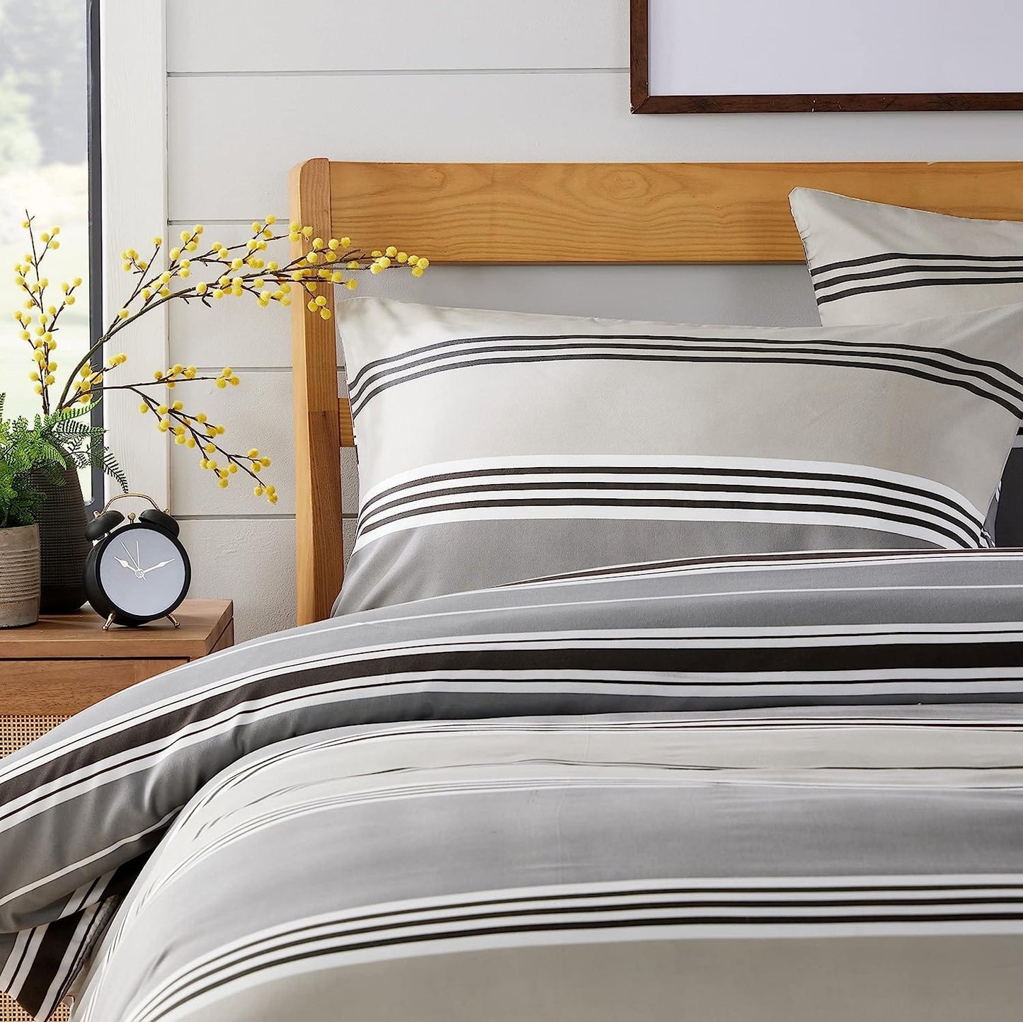 OLIVIA ROCCO Harlow Stripes Grey Reversible Quilted Duvet Cover Set With Button Closure Polyester Blend Breathable And Durable Single Double King