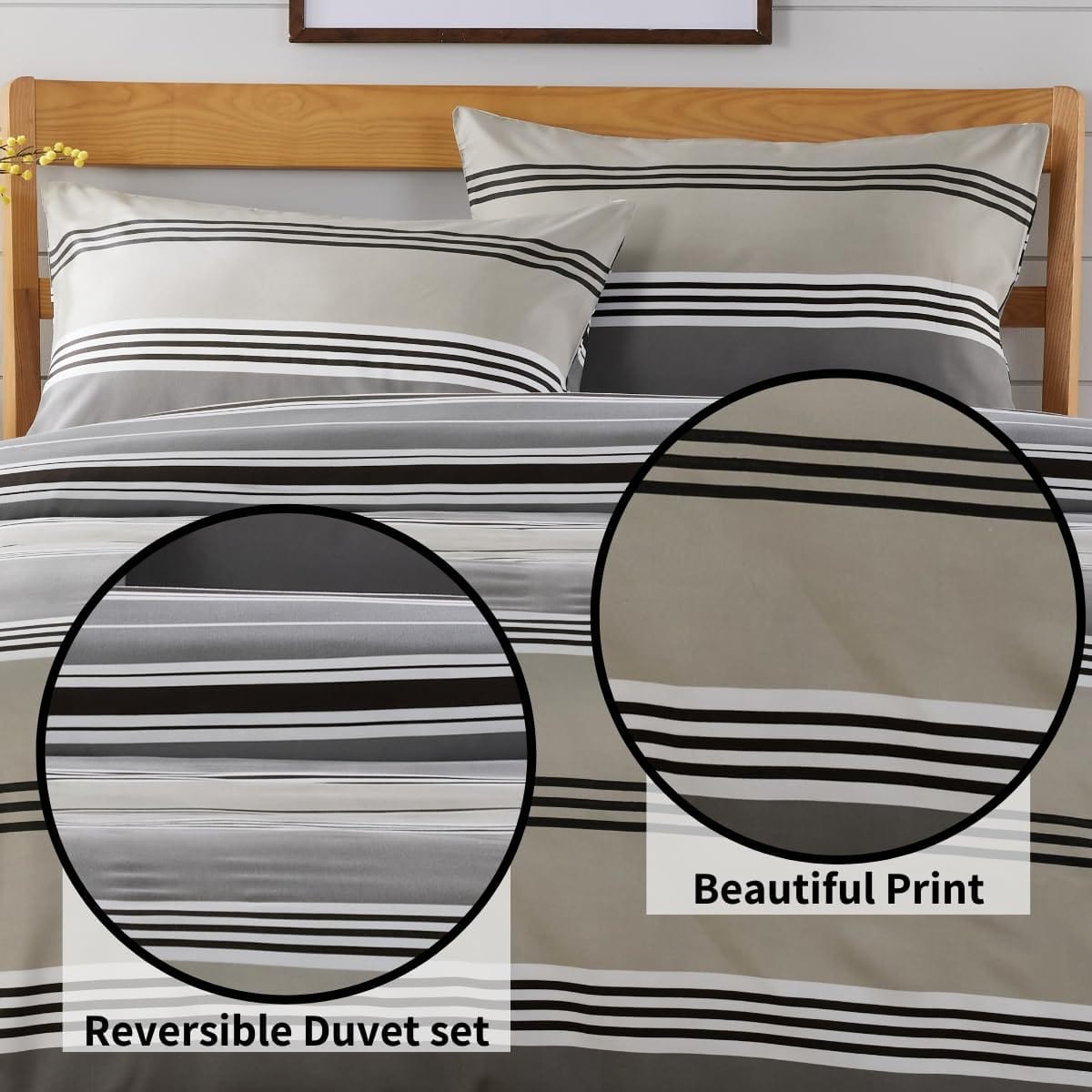 OLIVIA ROCCO Harlow Stripes Grey Reversible Quilted Duvet Cover Set With Button Closure Polyester Blend Breathable And Durable Single Double King
