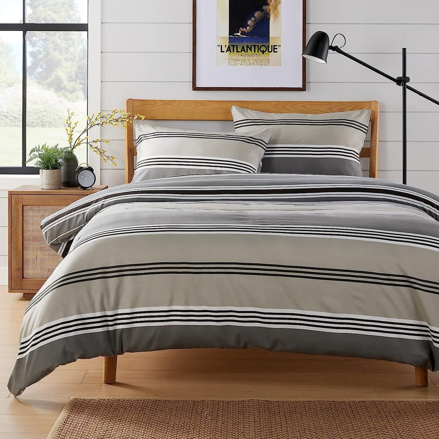 OLIVIA ROCCO Harlow Stripes Grey Reversible Quilted Duvet Cover Set With Button Closure Polyester Blend Breathable And Durable Single Double King