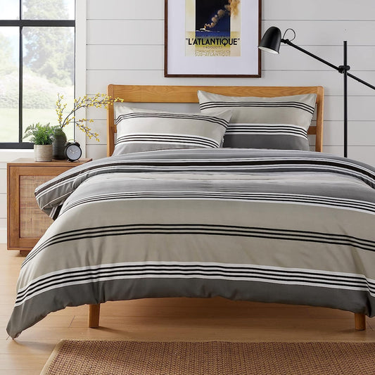 OLIVIA ROCCO Harlow Stripes Grey Reversible Quilted Duvet Cover Set With Button Closure Polyester Blend Breathable And Durable Single Double King