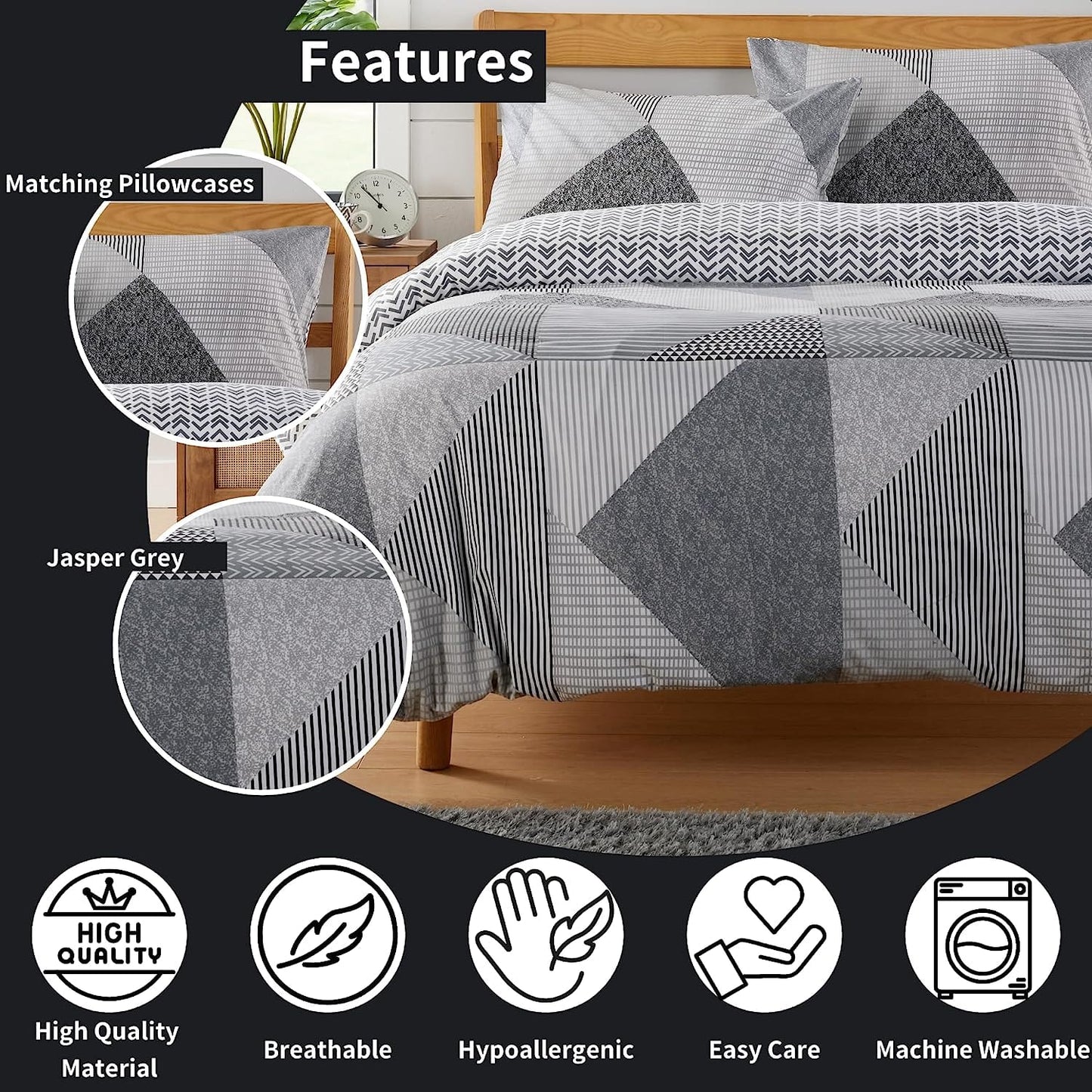 OLIVIA ROCCO Jasper Grey Printed Reversible Quilted Duvet Cover Set With Button Closure Single, Double, King, High Quality Polyester