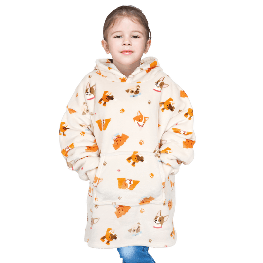OLIVIA ROCCO Kids Oversized Hooded Blanket Hoodie Sherpa Fur Fleece Dogs Pattern Ultra-Soft Loungewear Machine Washable For Ages 8-15