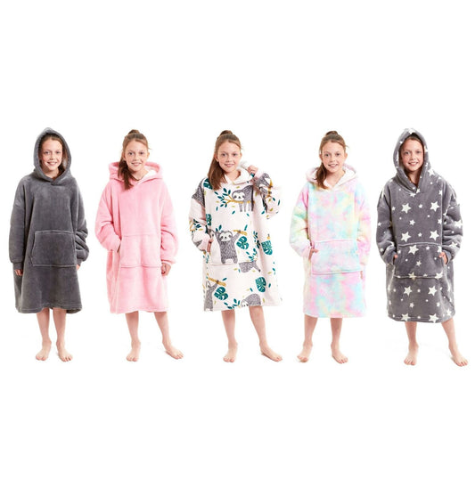 OLIVIA ROCCO Kids Oversized Hooded Fleece Blanket With Sherpa Fur, Elastic Cuffs, Double Pocket, Ages 8-15, Ultra Soft Lining For Cozy Comfort