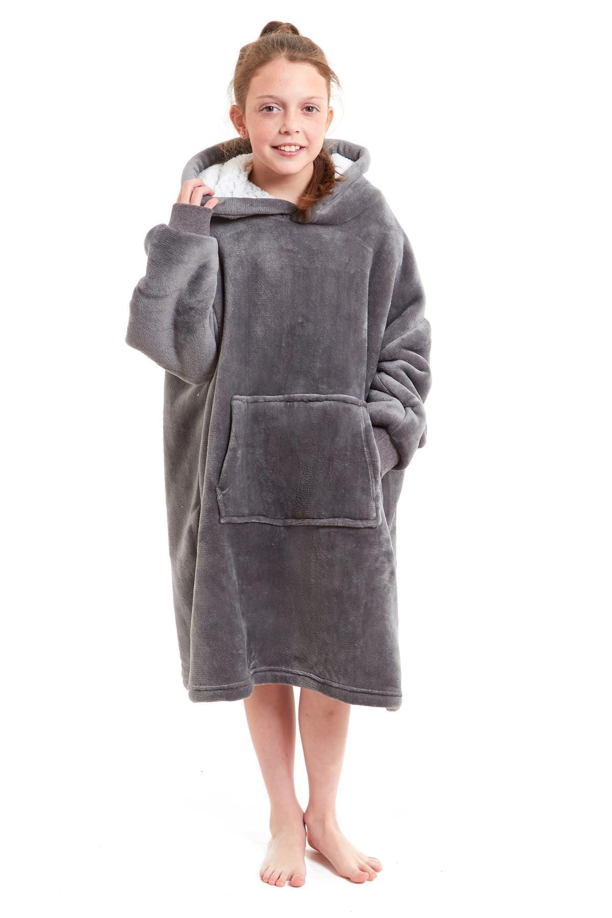 OLIVIA ROCCO Kids Oversized Hooded Fleece Blanket With Sherpa Fur, Elastic Cuffs, Double Pocket, Ages 8-15, Ultra Soft Lining For Cozy Comfort