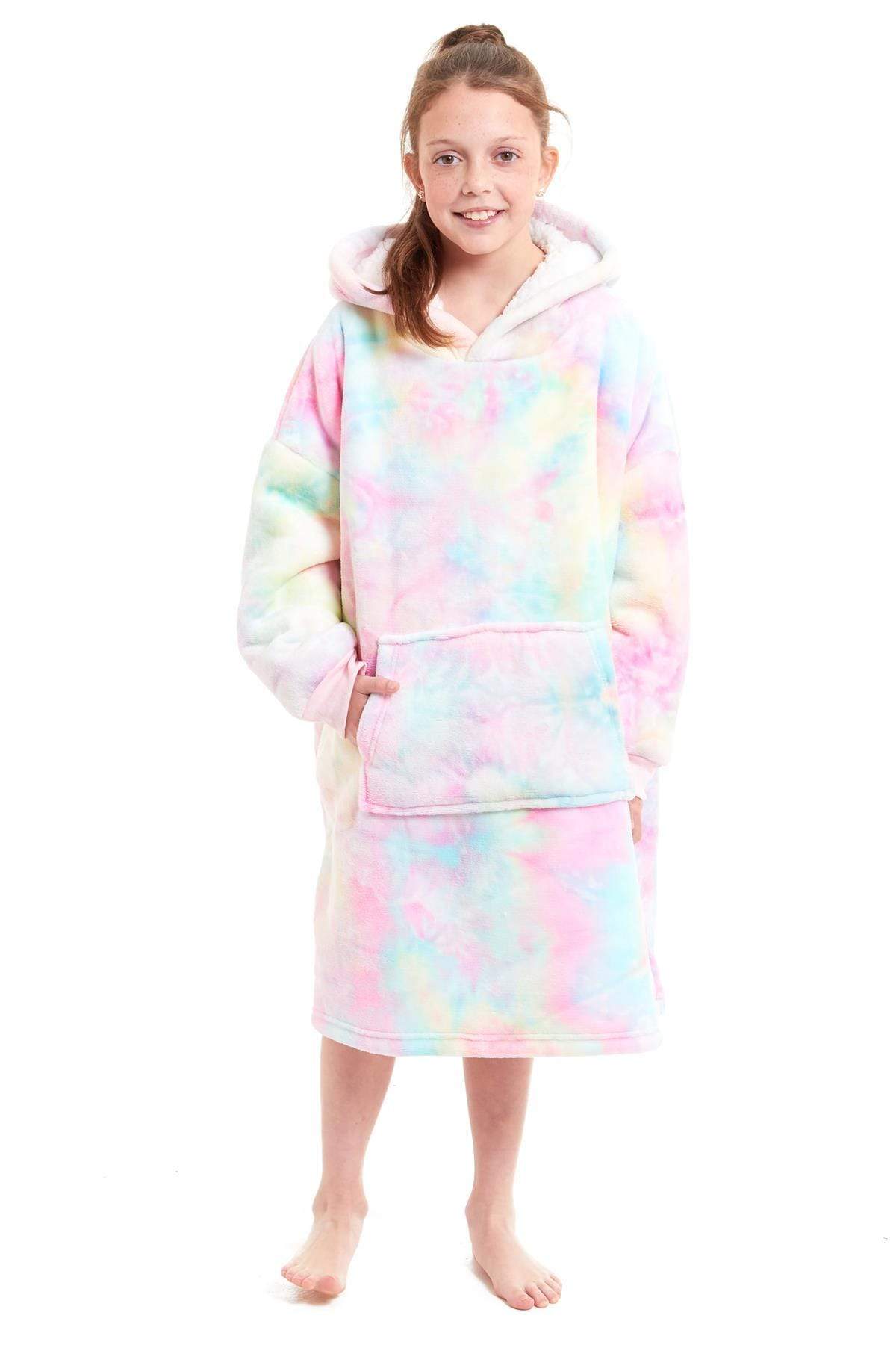 OLIVIA ROCCO Kids Oversized Hooded Fleece Blanket With Sherpa Fur, Elastic Cuffs, Double Pocket, Ages 8-15, Ultra Soft Lining For Cozy Comfort