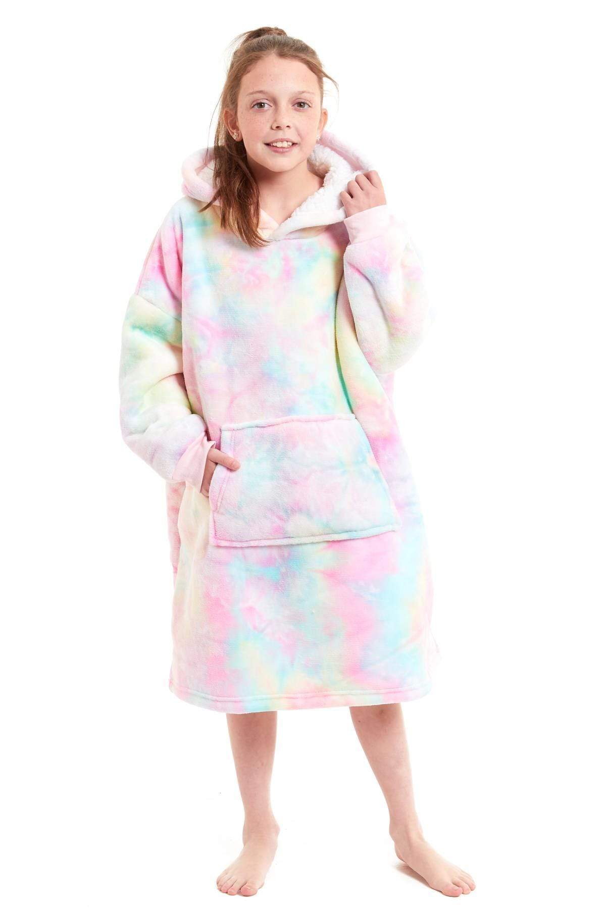 OLIVIA ROCCO Kids Oversized Hooded Fleece Blanket With Sherpa Fur, Elastic Cuffs, Double Pocket, Ages 8-15, Ultra Soft Lining For Cozy Comfort