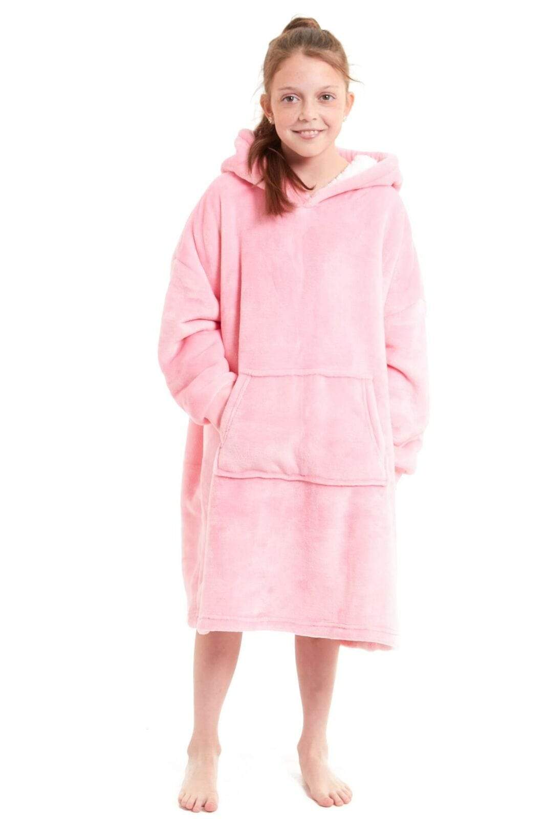 OLIVIA ROCCO Kids Oversized Hooded Fleece Blanket With Sherpa Fur, Elastic Cuffs, Double Pocket, Ages 8-15, Ultra Soft Lining For Cozy Comfort
