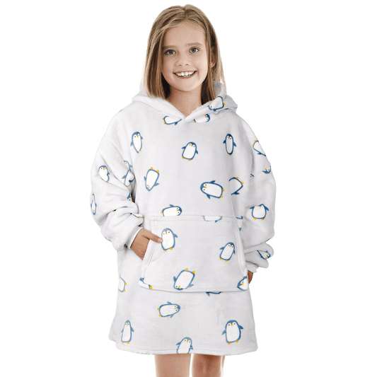 OLIVIA ROCCO Kids Oversized Hooded Penguin Blanket Hoodie Ultra Soft Sherpa Flannel For Ages 8 To 15 Cozy Warm Lounge Wear