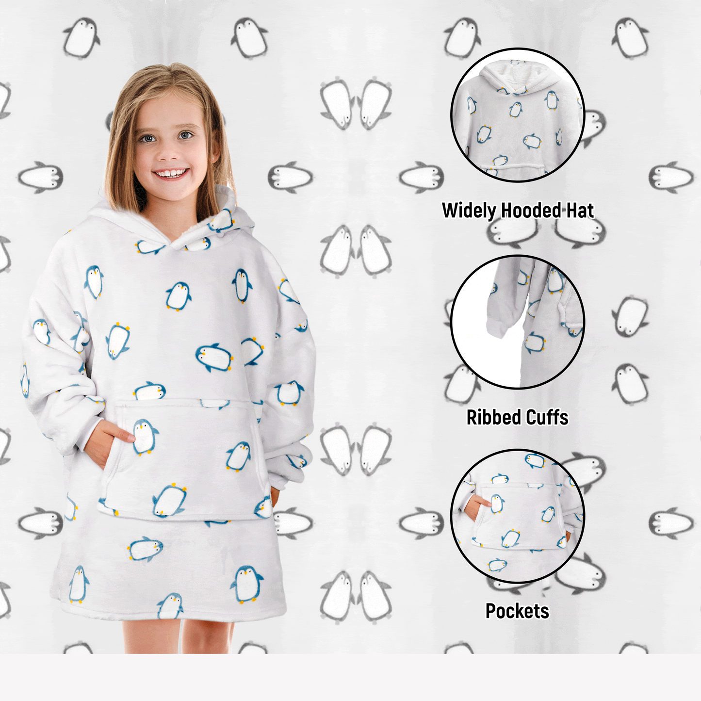 OLIVIA ROCCO Kids Oversized Hooded Penguin Blanket Hoodie Ultra Soft Sherpa Flannel For Ages 8 To 15 Cozy Warm Lounge Wear
