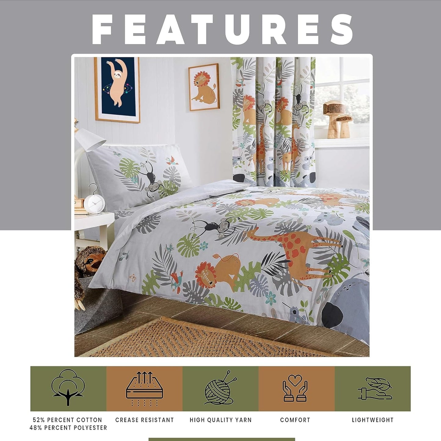 OLIVIA ROCCO Kids Safari Jungle Animal Print Duvet Cover Set With Pillowcase Soft Cosy Durable Lightweight Bedding Lions Giraffes Bears Elephants