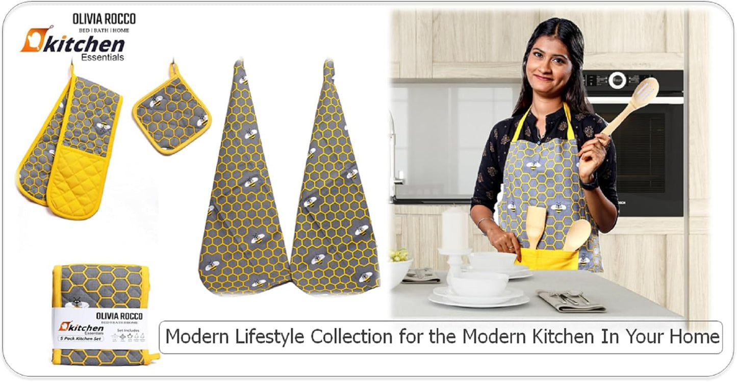 OLIVIA ROCCO Kitchen Sets With Apron Double Oven Gloves Towel Set Oven Mitts Pot Holder Five Piece Heat Resistant For Home Baking