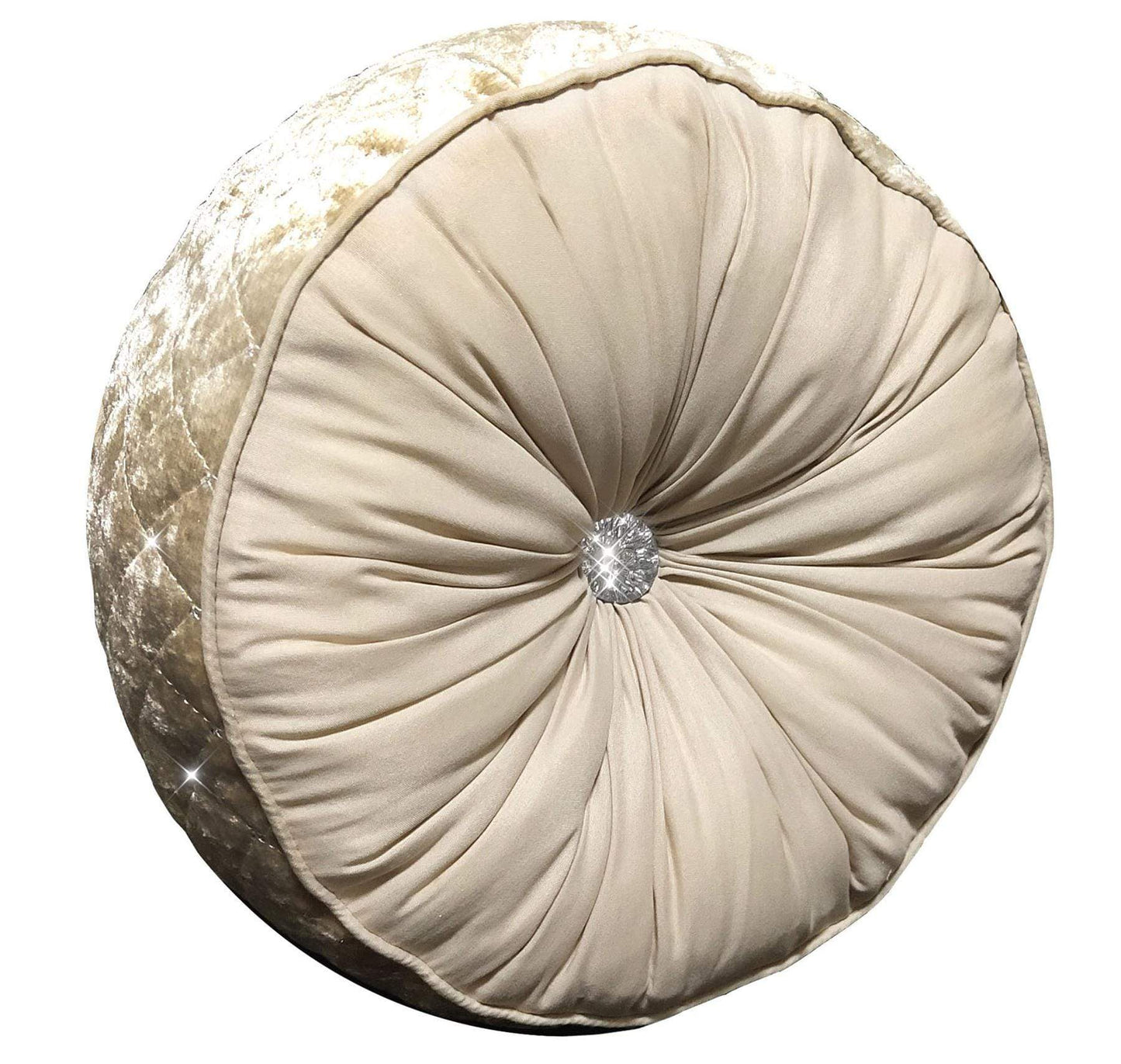 Round beige pillow with a decorative center on a white background