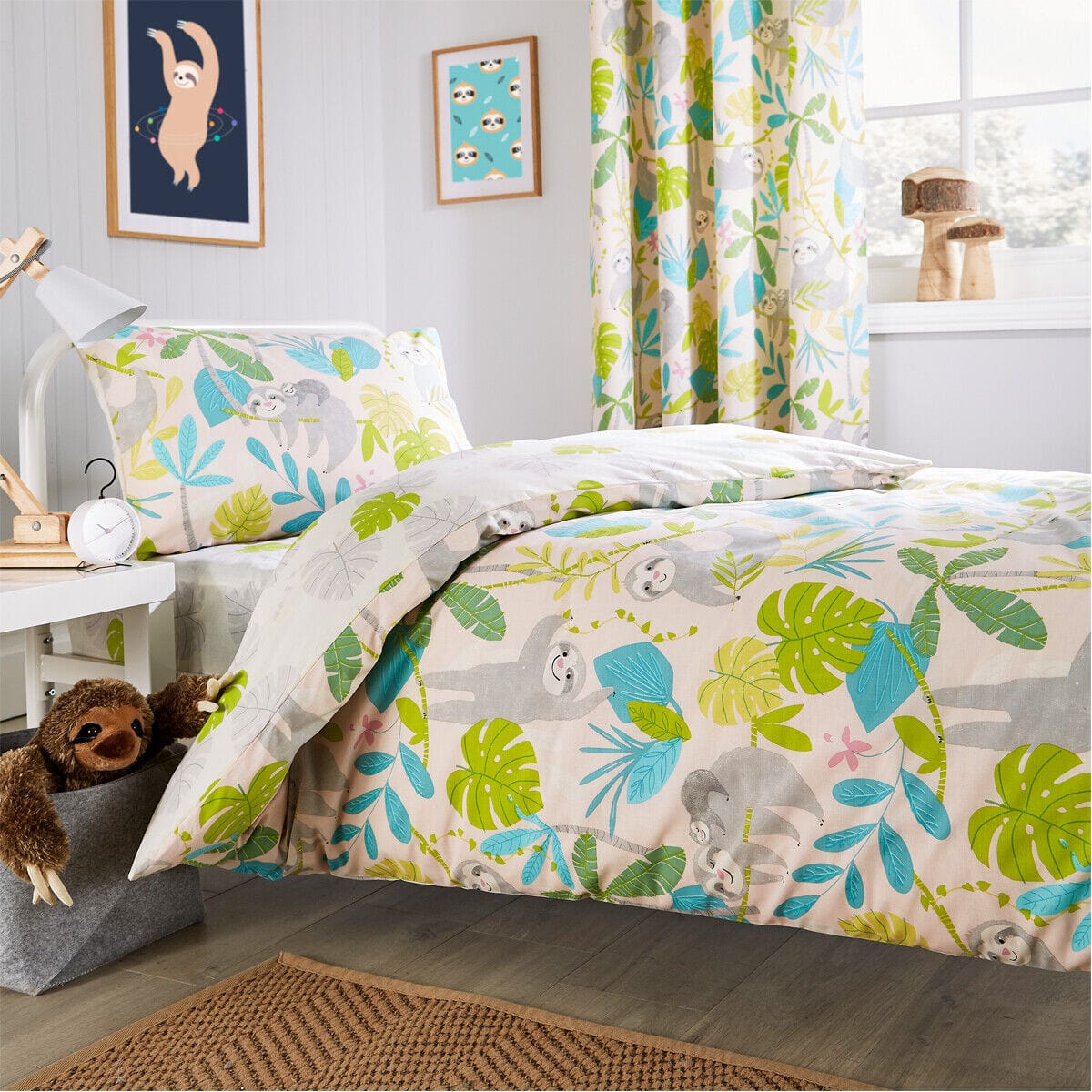 OLIVIA ROCCO Lazy Sloth Kids Duvet Set Soft Cotton Blend Bedding With Pillowcase And Matching Curtains OEKO TEX Certified Single And Double Sizes