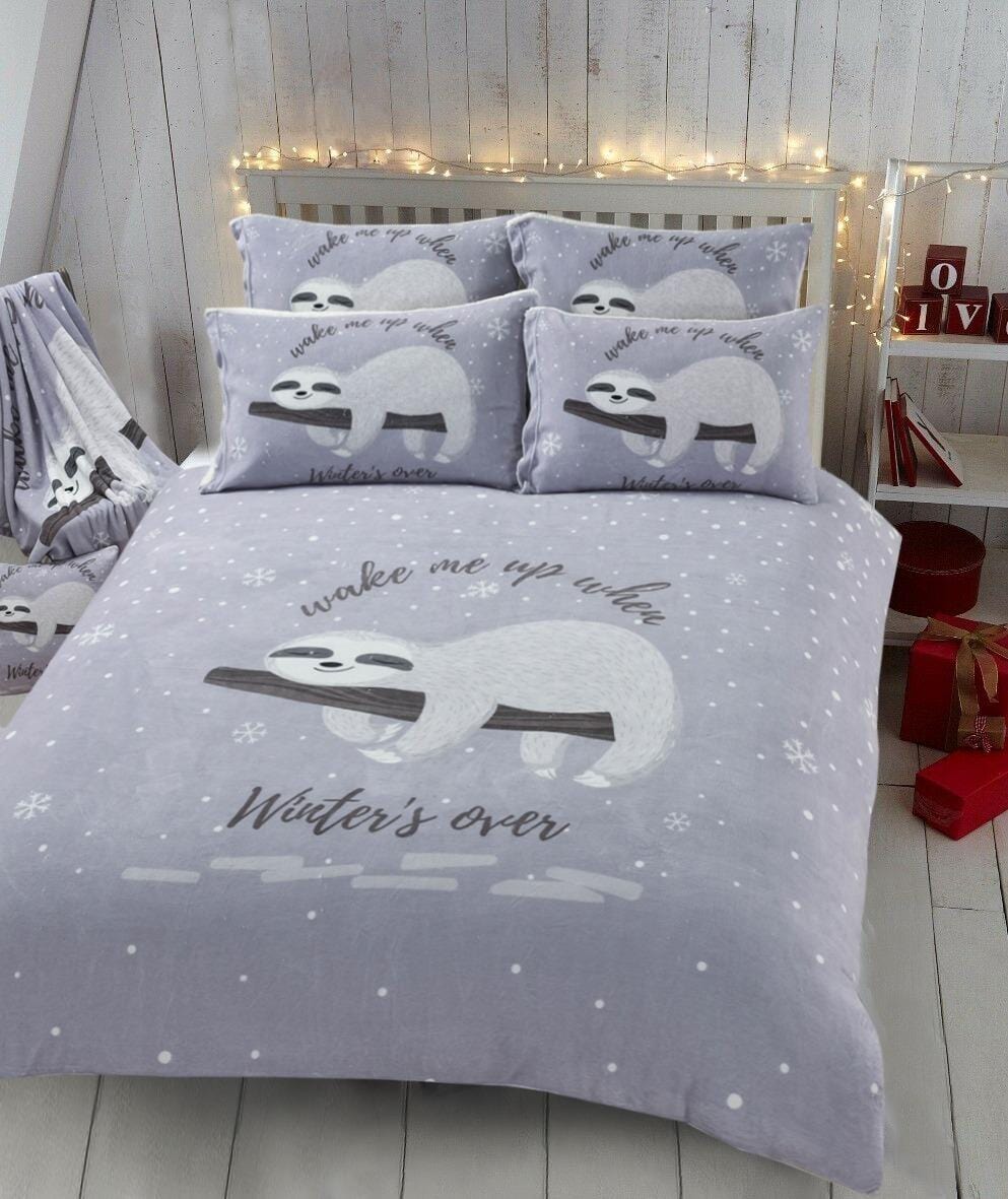OLIVIA ROCCO Lazy Sloth Teddy Fleece Duvet Set With Matching Throw And Cushions Luxurious Warm Faux Fur Bedding For Bedroom