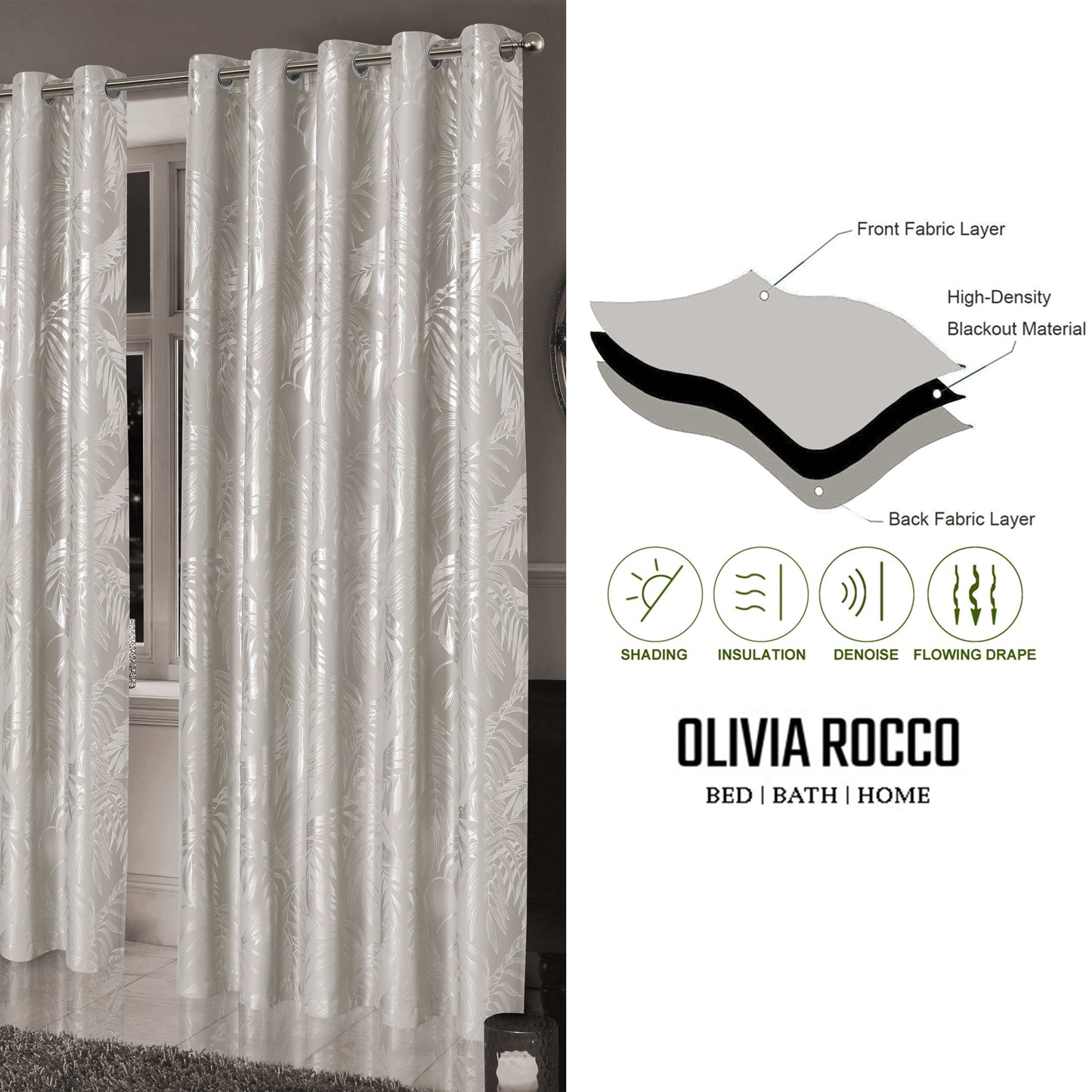 OLIVIA ROCCO Leaf Natural Sparkle Blackout Curtains Super Soft Thermal Insulated Eyelet Drapes 2 Panels For Living Room And Bedroom