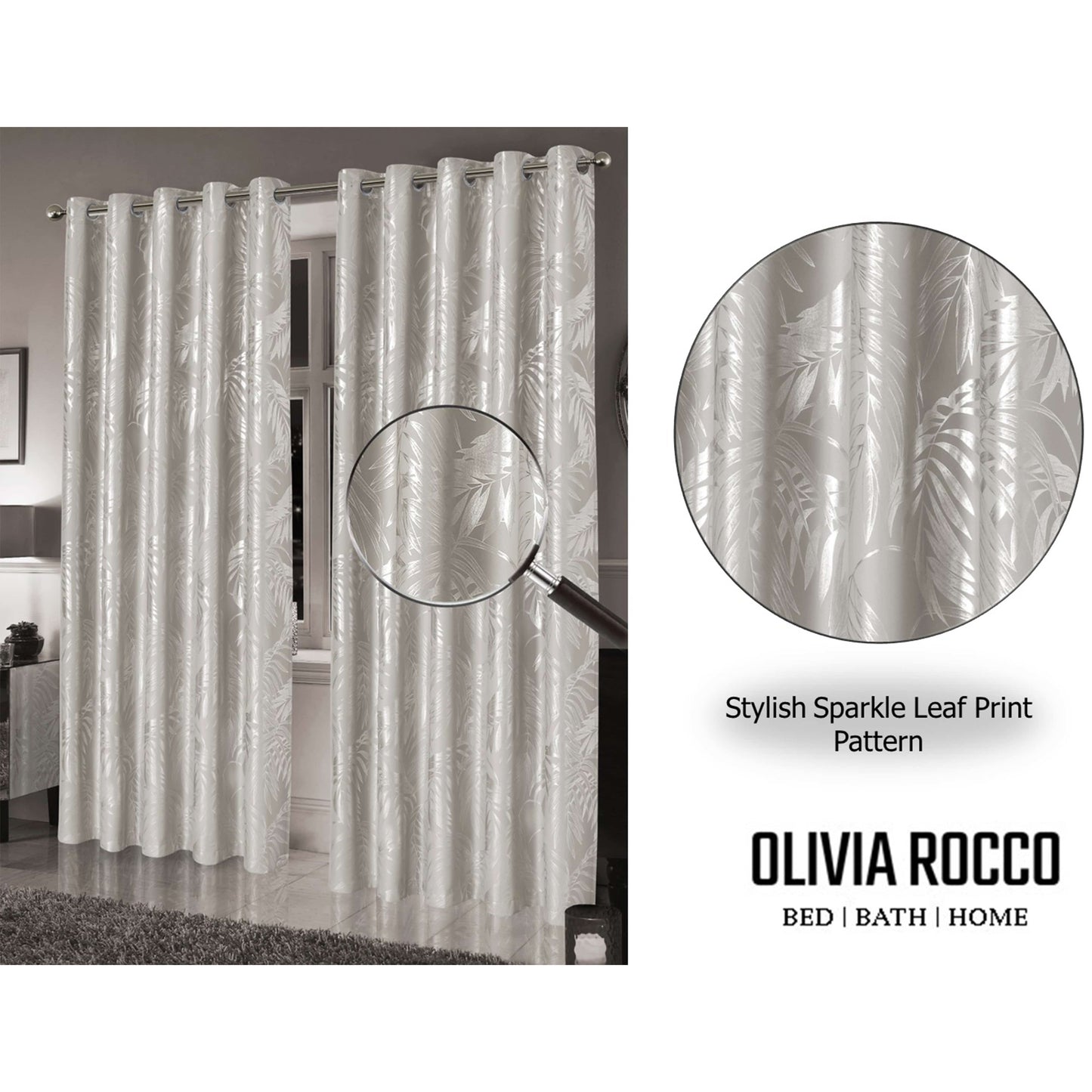 OLIVIA ROCCO Leaf Natural Sparkle Blackout Curtains Super Soft Thermal Insulated Eyelet Drapes 2 Panels For Living Room And Bedroom