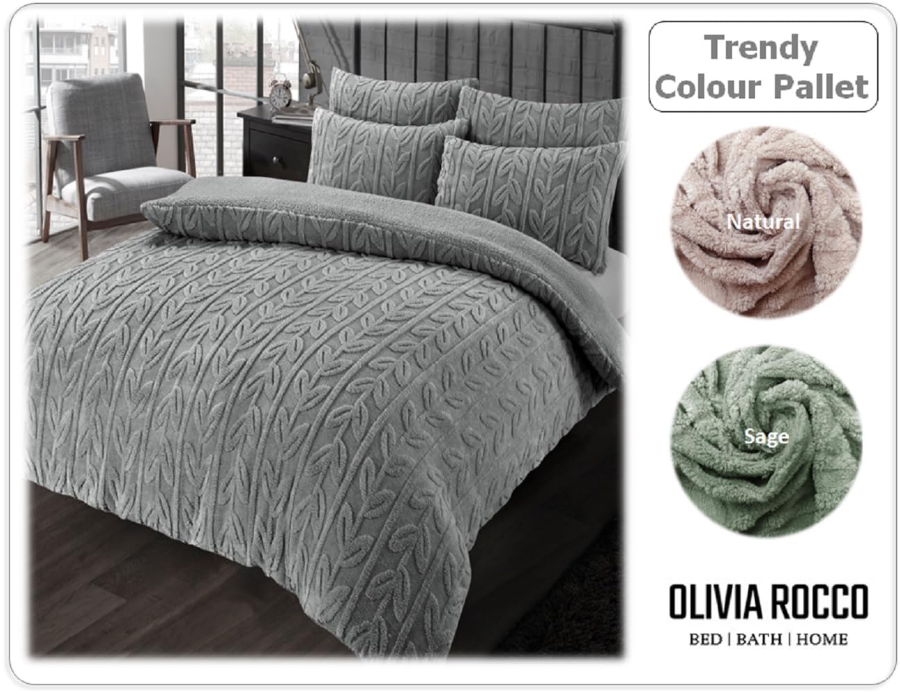 OLIVIA ROCCO Leaf Print Teddy Duvet Set With Reversible Sherpa Fleece Ultra Soft Winter Bedding For Single Double King Bed Sizes