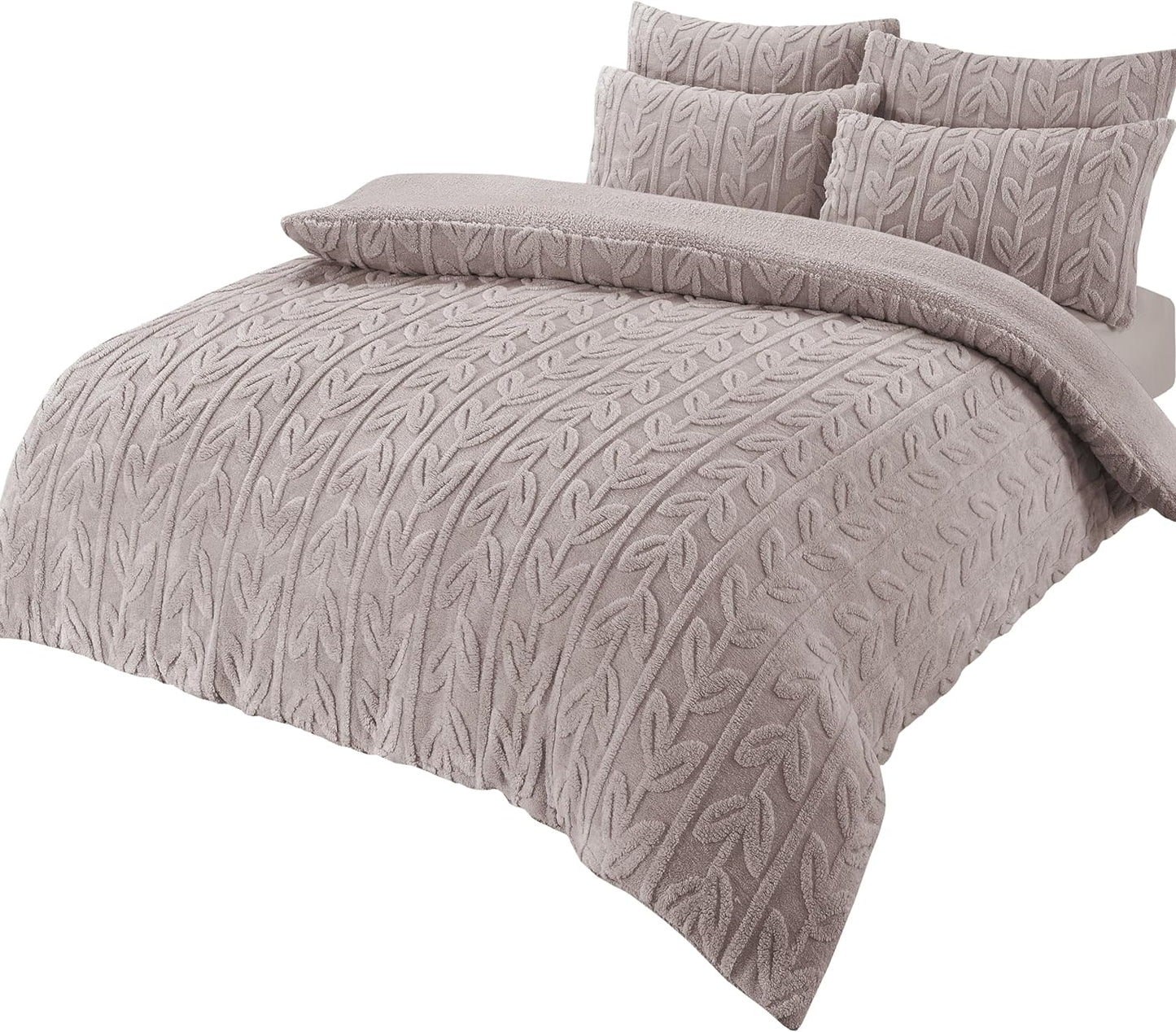 OLIVIA ROCCO Leaf Print Teddy Duvet Set With Reversible Sherpa Fleece Ultra Soft Winter Bedding For Single Double King Bed Sizes