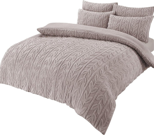 OLIVIA ROCCO Leaf Print Teddy Duvet Set With Reversible Sherpa Fleece Ultra Soft Winter Bedding For Single Double King Bed Sizes