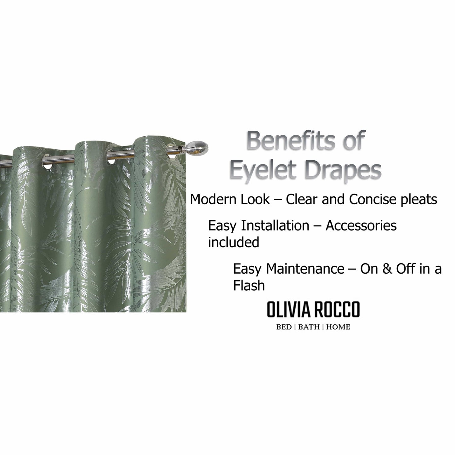 OLIVIA ROCCO Leaf Sage Green Sparkle Blackout Curtains With Thermal Insulation Eyelet Drapes Super Soft Fabric 2 Panels Room Darkening