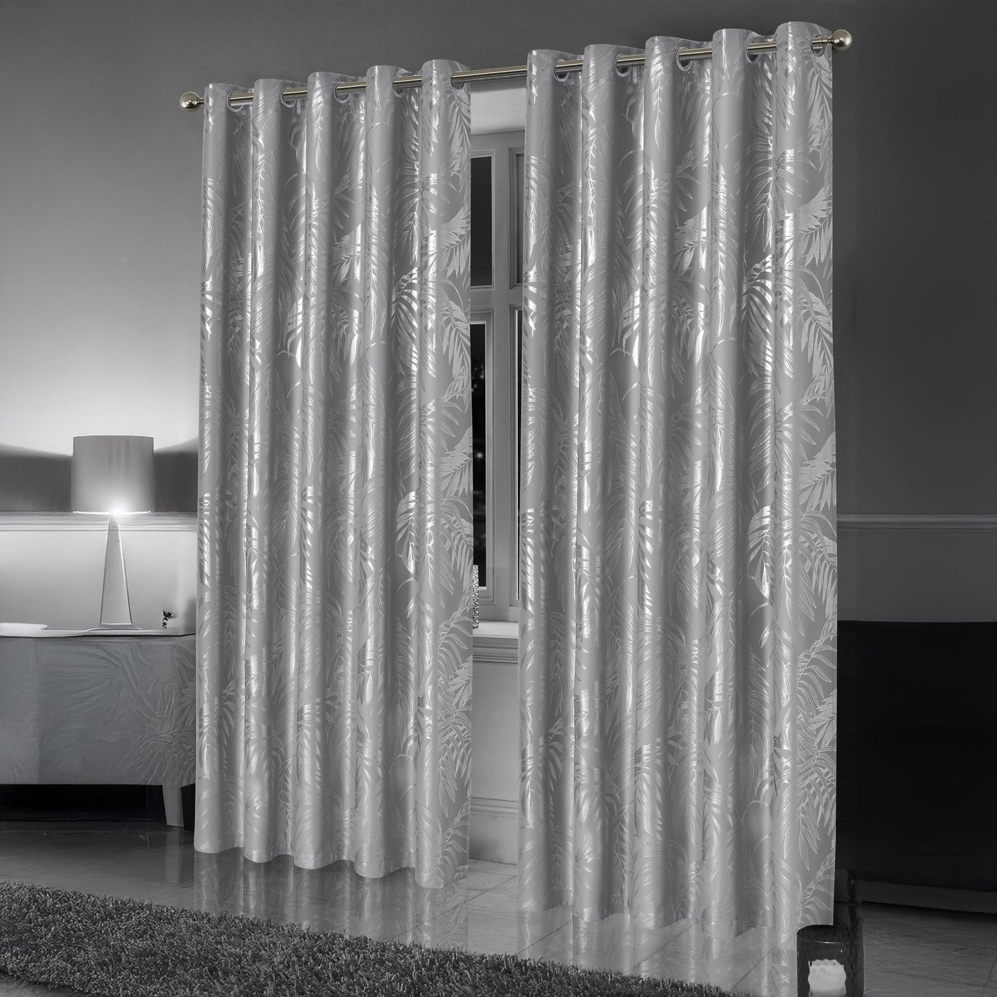 OLIVIA ROCCO Leaf Silver Sparkle Blackout Curtains Super Soft Thermal Insulated Eyelet Drapes, 2 Panels For Living Room And Bedroom