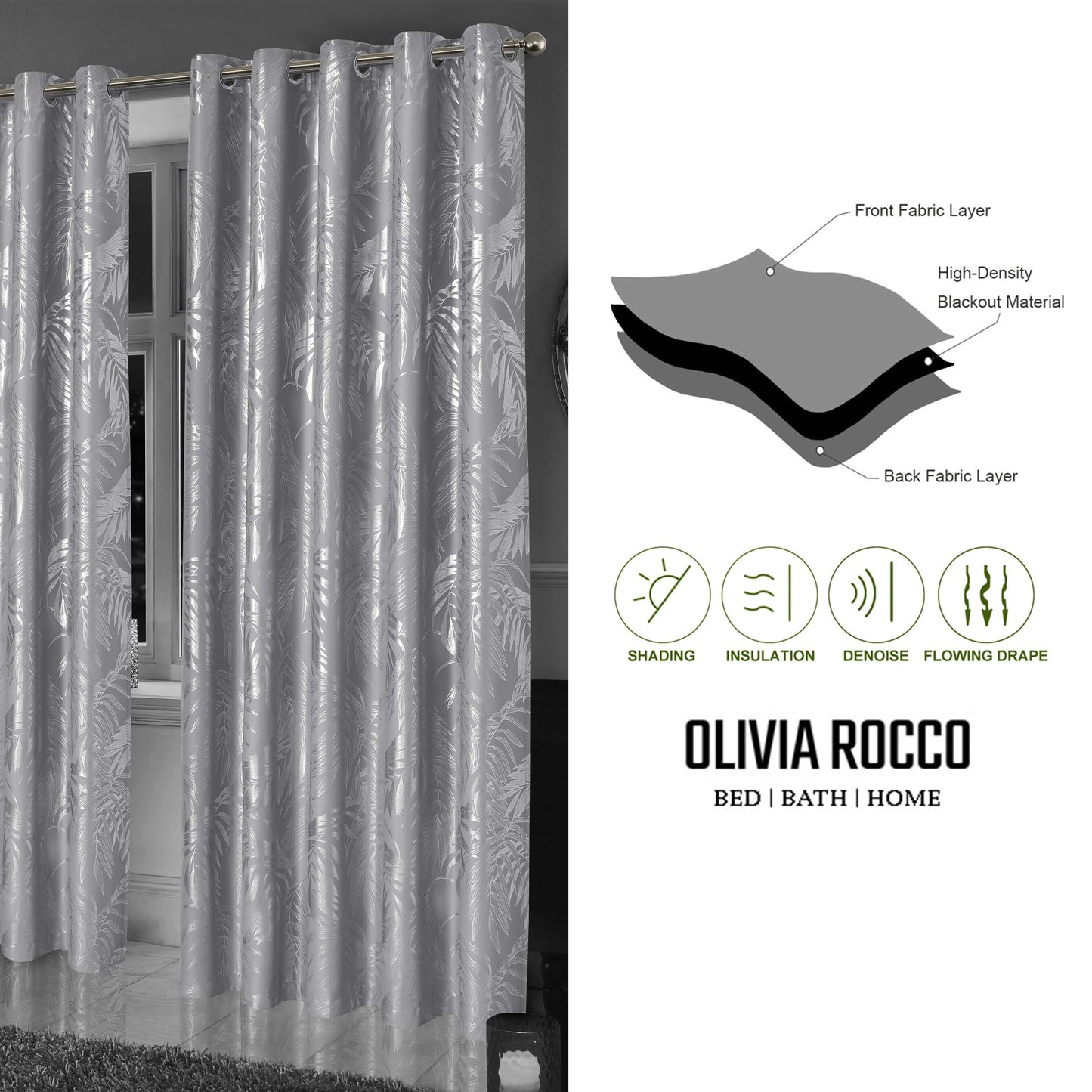 OLIVIA ROCCO Leaf Silver Sparkle Blackout Curtains Super Soft Thermal Insulated Eyelet Drapes, 2 Panels For Living Room And Bedroom