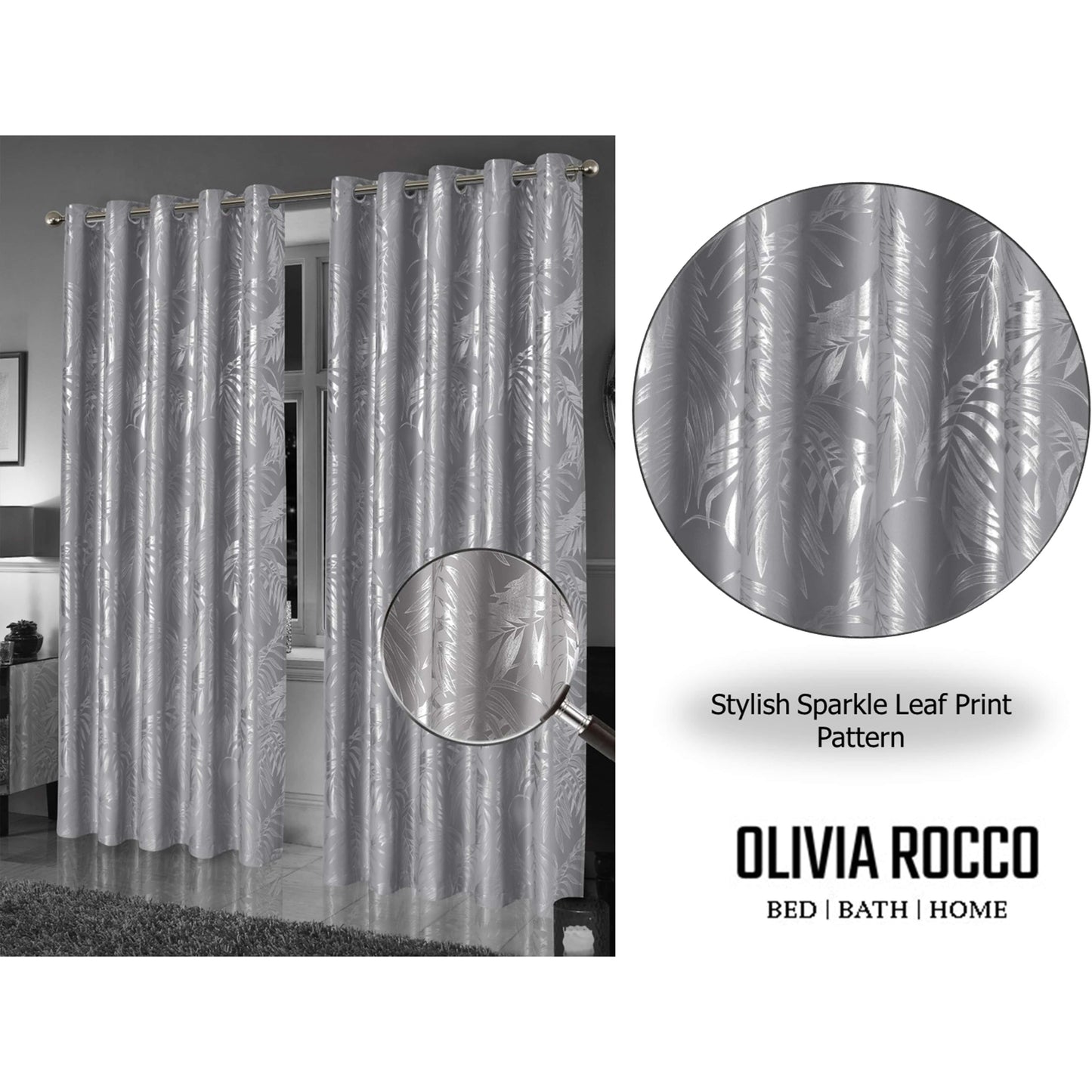 OLIVIA ROCCO Leaf Silver Sparkle Blackout Curtains Super Soft Thermal Insulated Eyelet Drapes, 2 Panels For Living Room And Bedroom