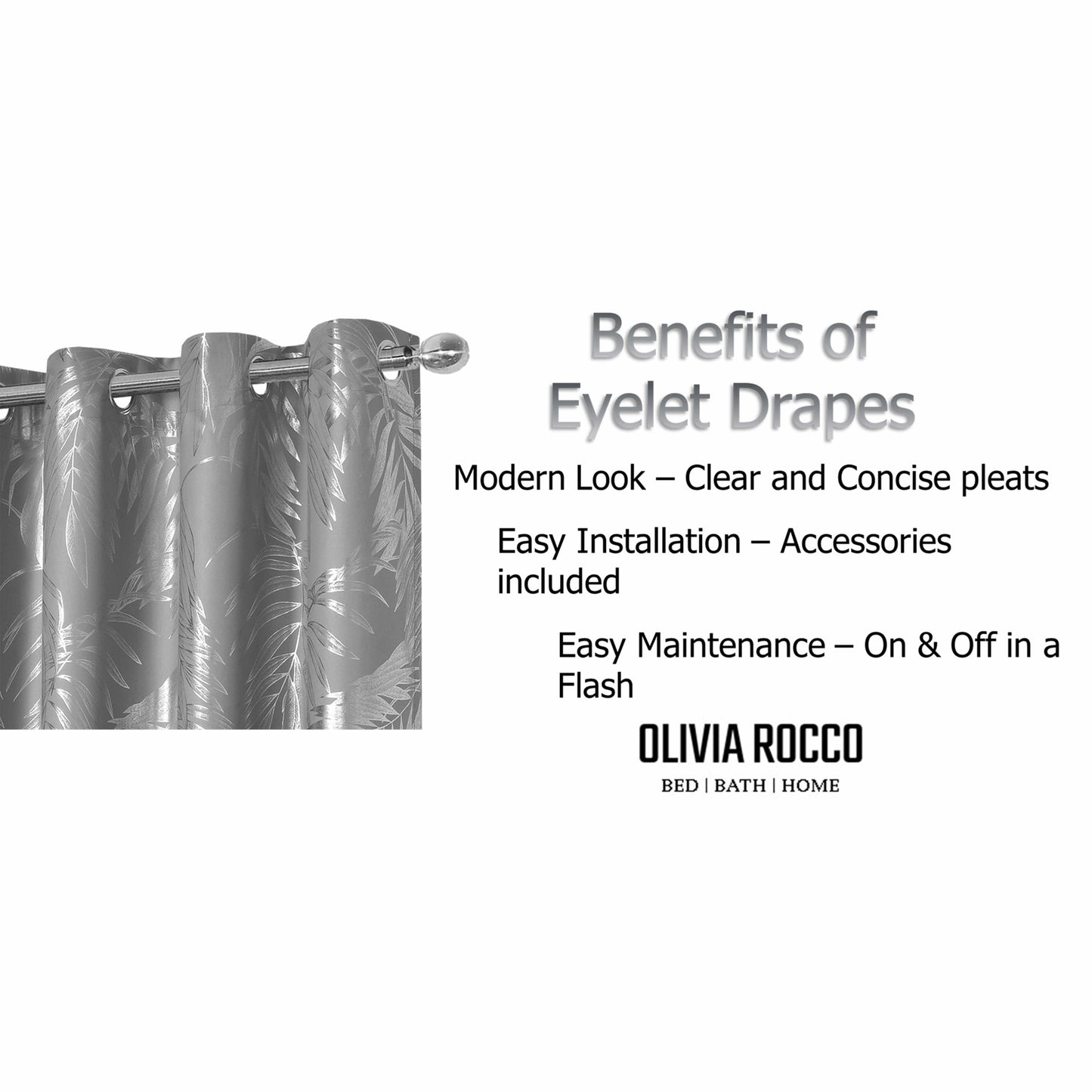 OLIVIA ROCCO Leaf Silver Sparkle Blackout Curtains Super Soft Thermal Insulated Eyelet Drapes, 2 Panels For Living Room And Bedroom