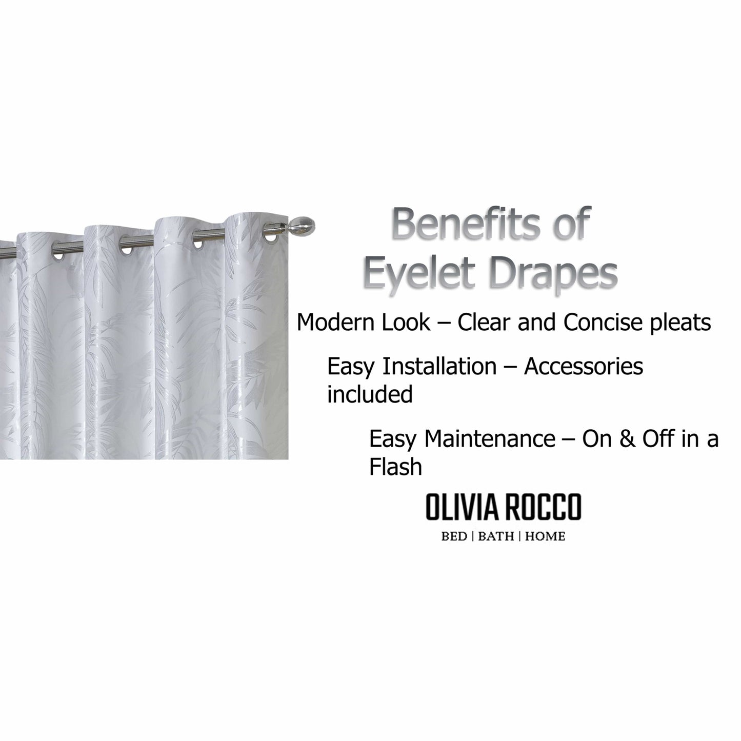 OLIVIA ROCCO Leaf White Sparkle Blackout Curtains Super Soft Fabric Thermal Insulated Eyelet Drapes 2 Panels For Living Room Bedroom