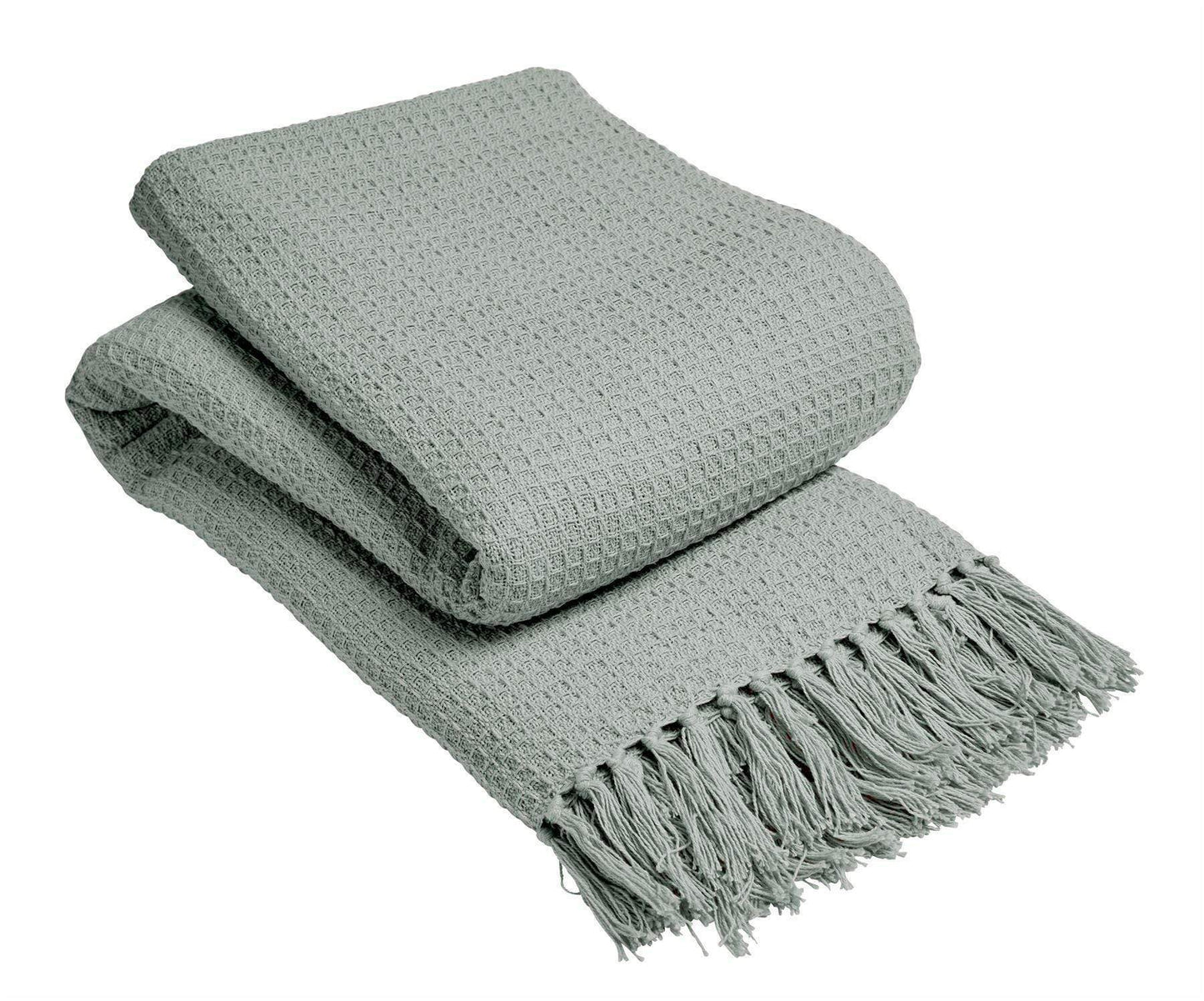 Folded gray throw blanket with fringes on a white background