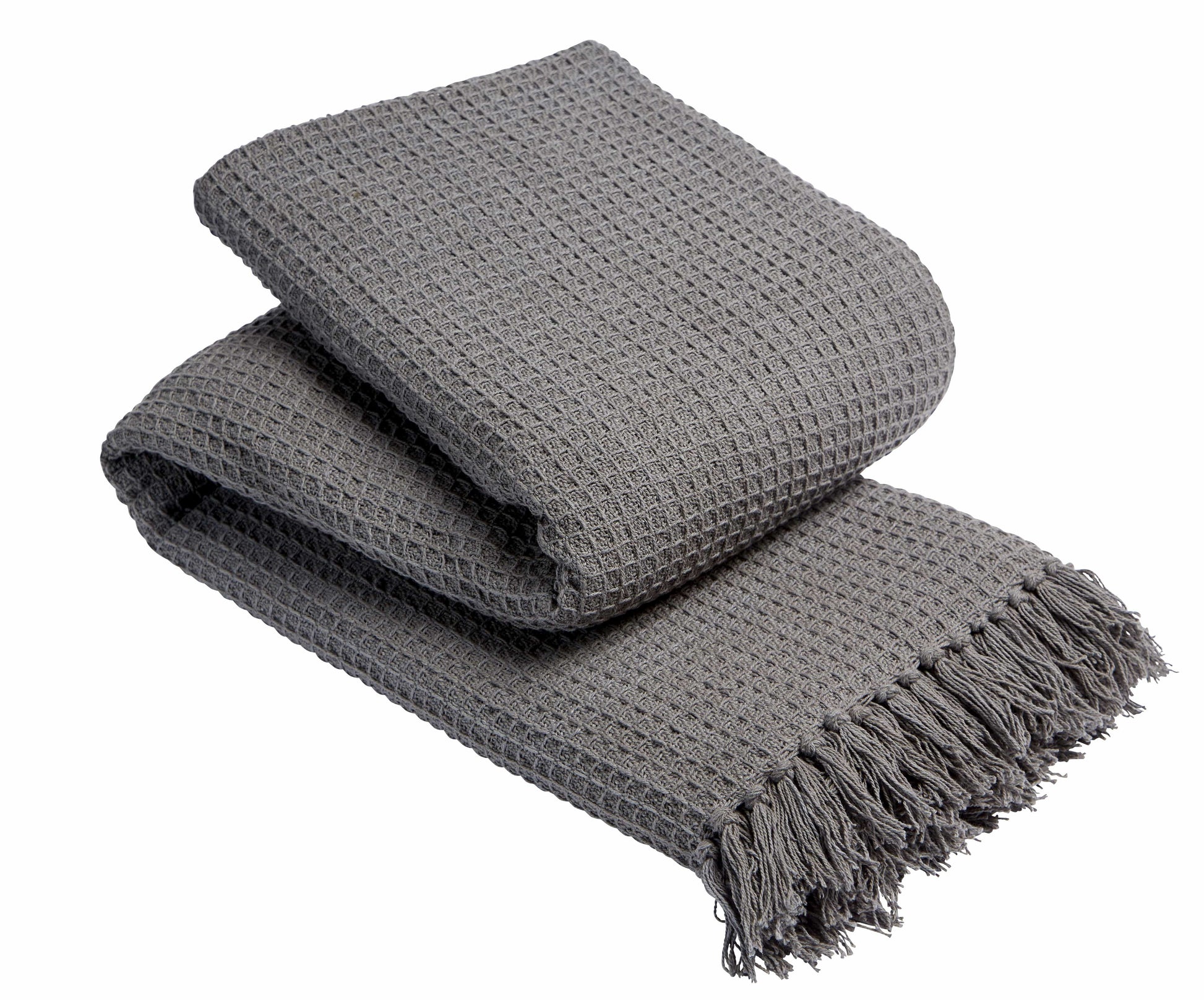 Folded gray textured blanket with fringes on a white background