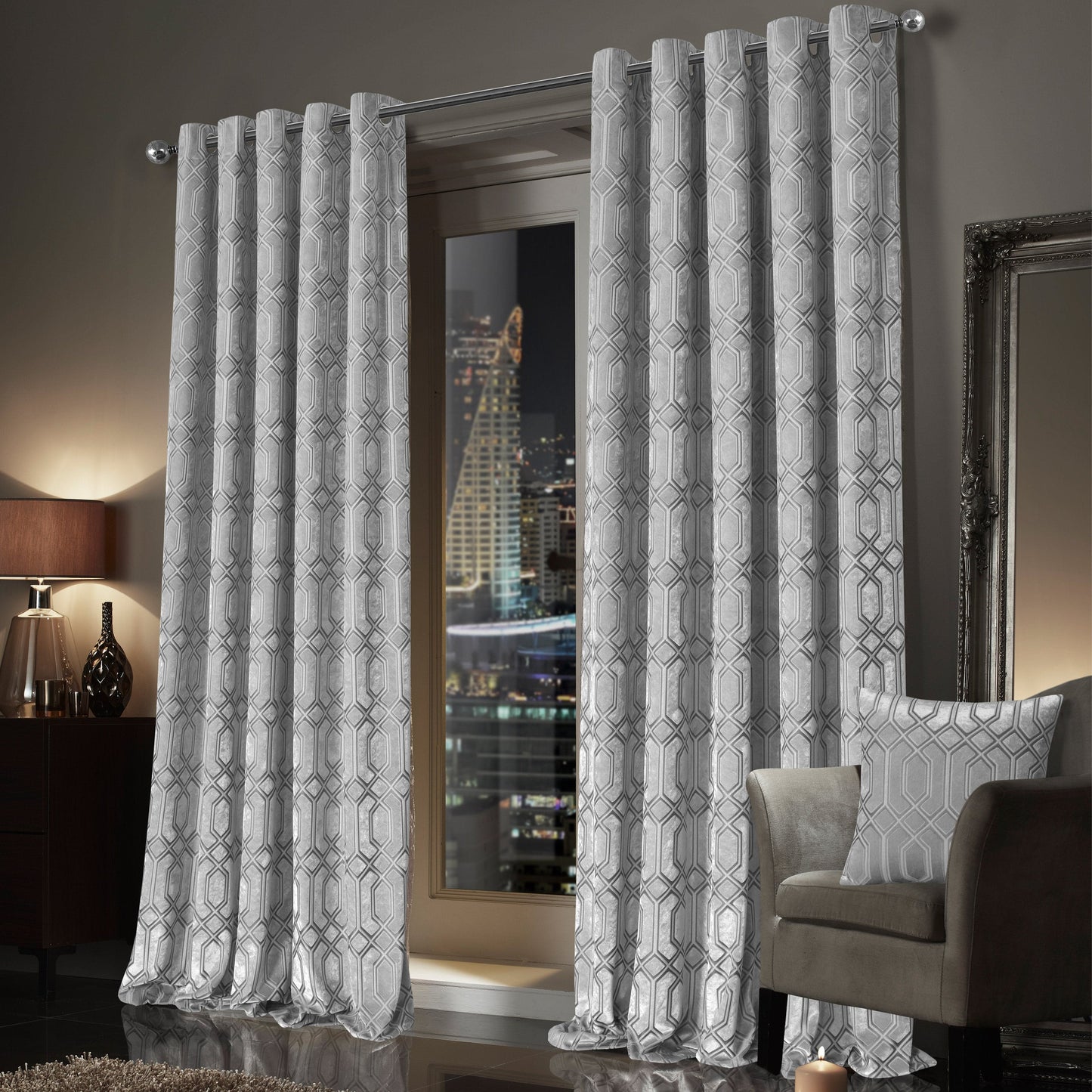 OLIVIA ROCCO Luxe Geo Velvet Eyelet Curtains Grey Thermal Insulated Soundproof Light Blocking Drapes For Bedroom And Lounge