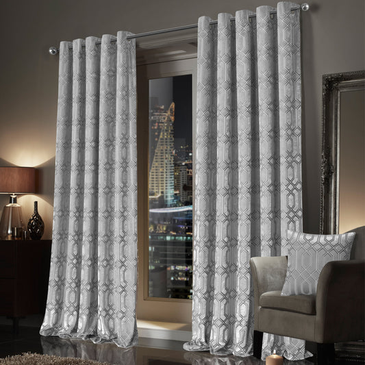OLIVIA ROCCO Luxe Geo Velvet Eyelet Curtains Grey Thermal Insulated Soundproof Light Blocking Drapes For Bedroom And Lounge