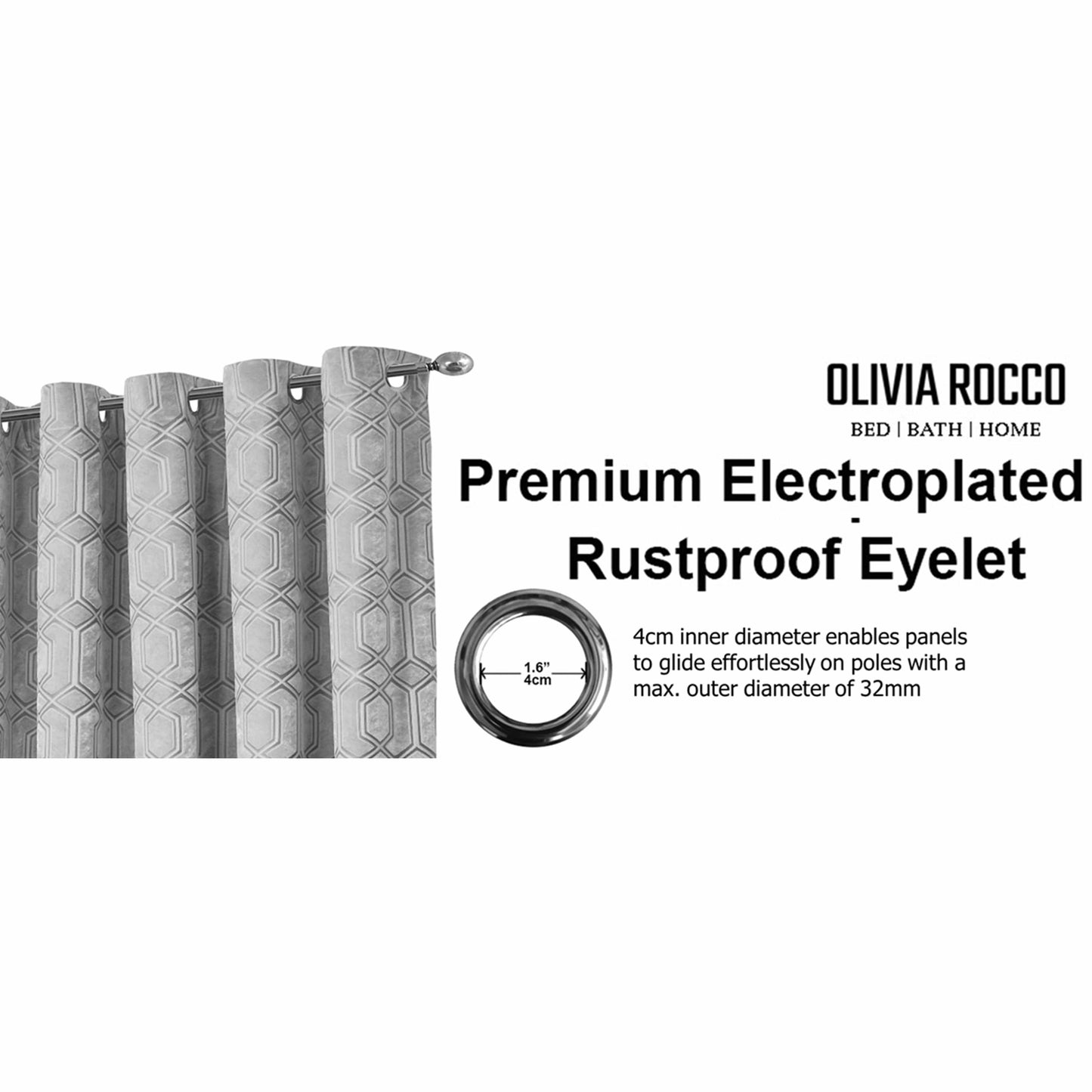 OLIVIA ROCCO Luxe Geo Velvet Eyelet Curtains Grey Thermal Insulated Soundproof Light Blocking Drapes For Bedroom And Lounge