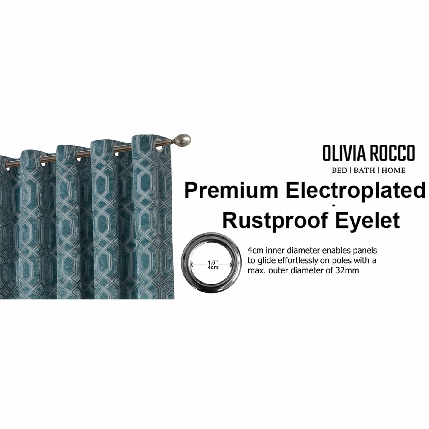 OLIVIA ROCCO Luxe Geo Velvet Eyelet Curtains Teal Thermal Insulated Soundproof Light Blocking Drapes for Bedroom and Lounge