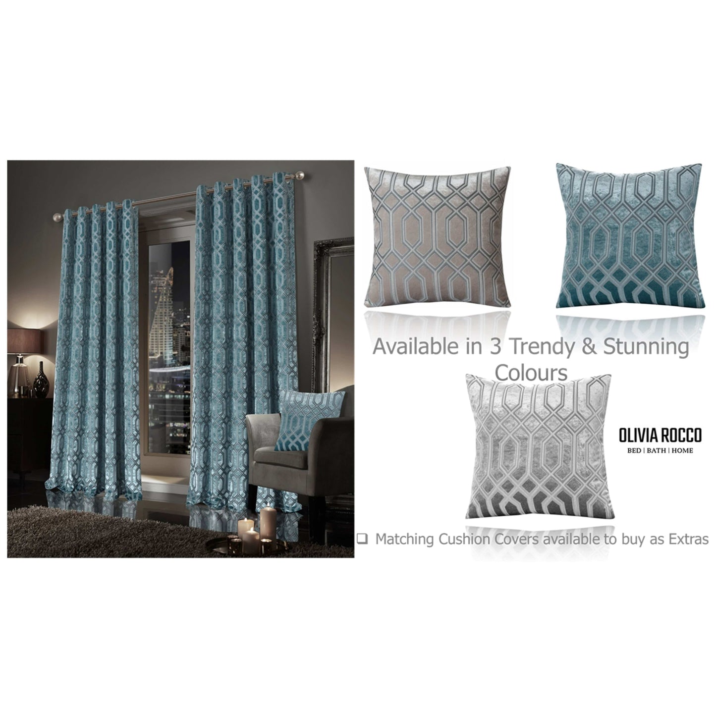 OLIVIA ROCCO Luxe Geo Velvet Eyelet Curtains Teal Thermal Insulated Soundproof Light Blocking Drapes for Bedroom and Lounge