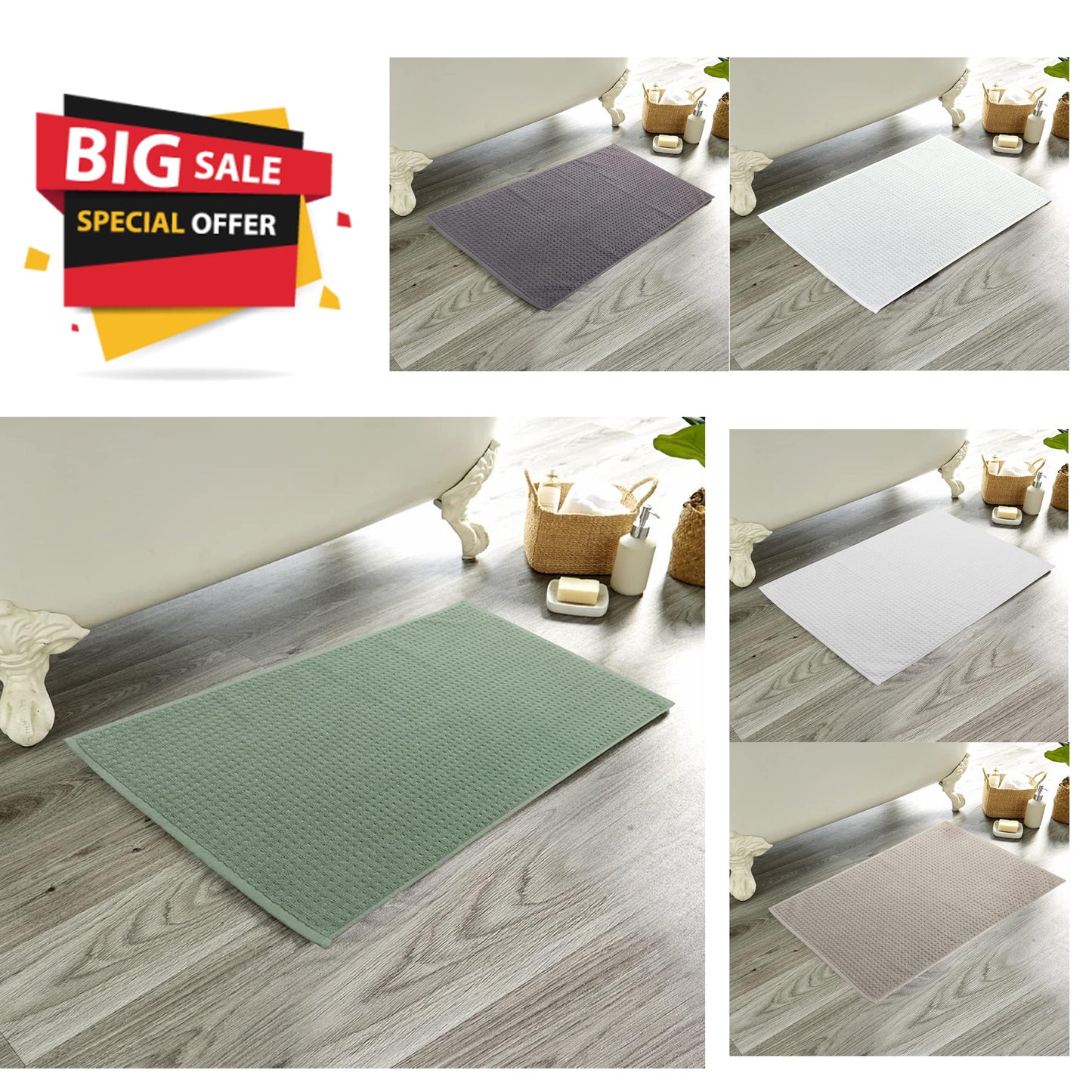 OLIVIA ROCCO Pack Of 3 Luxe Ultra-Soft Deep Cotton Pile Bathmats Eco-Friendly Absorbent Quick-Drying Premium Cotton Rug For Bathroom Decor