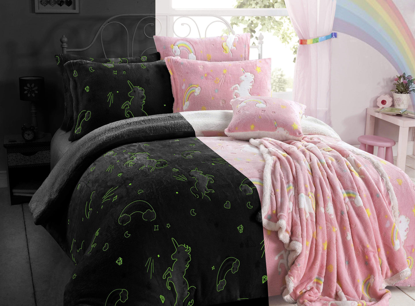 OLIVIA ROCCO Rainbow Unicorn Glow In The Dark Teddy Fleece Duvet Set For Kids Super Soft Cosy Bedding Kids Bedrooms Every Night