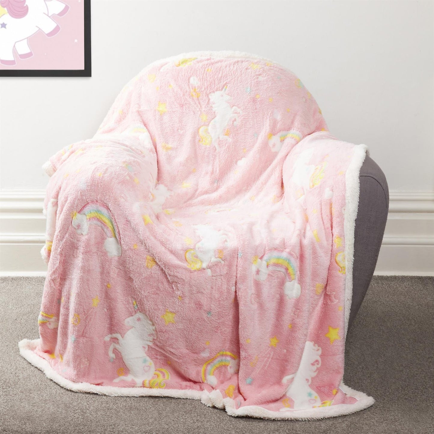 OLIVIA ROCCO Rainbow Unicorn Glow In The Dark Teddy Fleece Duvet Set For Kids Super Soft Cosy Bedding Kids Bedrooms Every Night