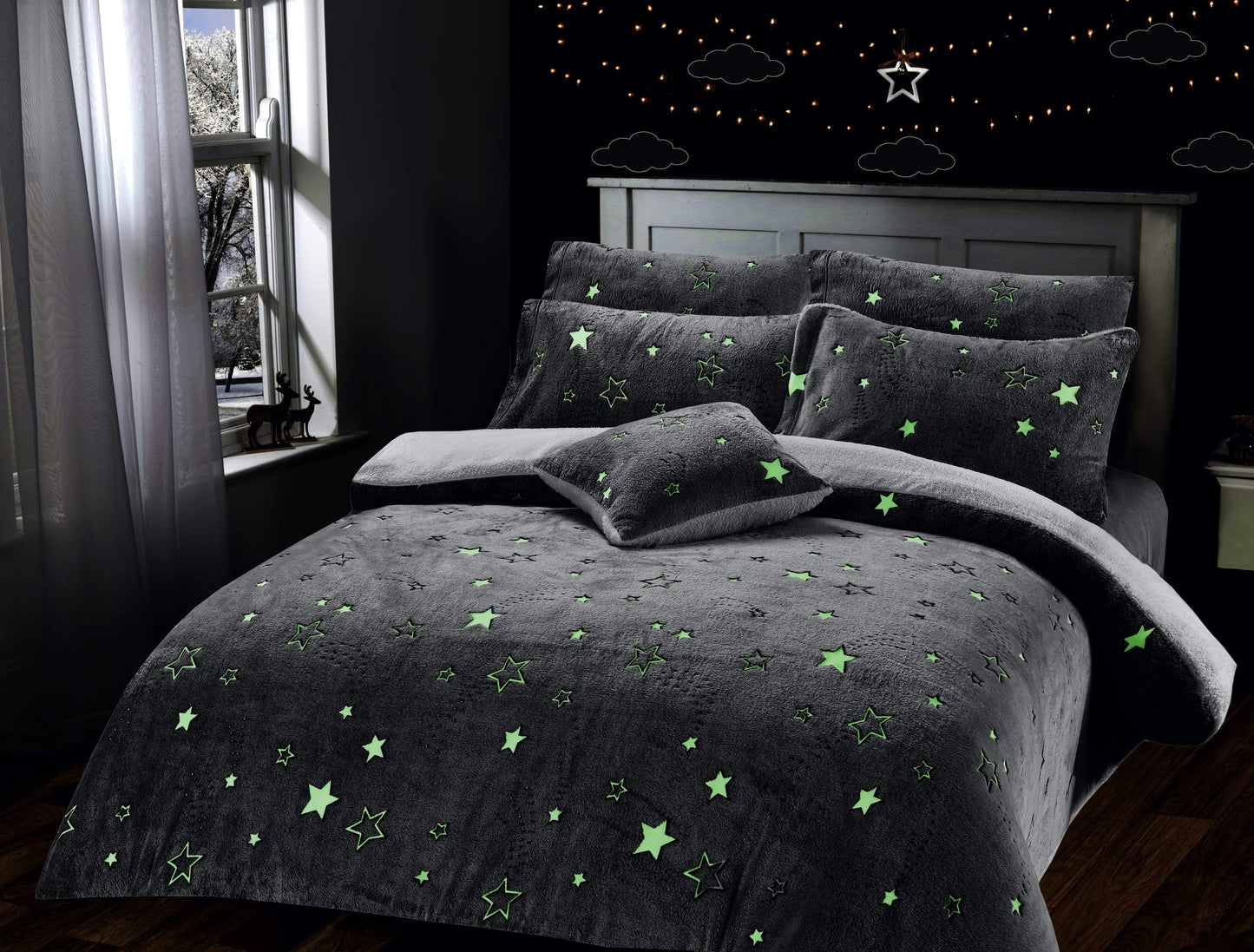OLIVIA ROCCO Magical Stars Glow In The Dark Teddy Fleece Kids Duvet Set Ultra Soft Bedding With Pillowcases And Bed Throw