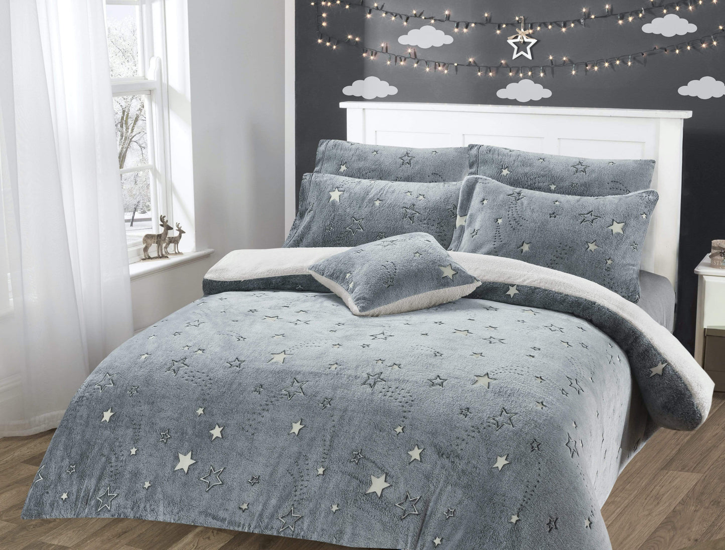 OLIVIA ROCCO Magical Stars Glow In The Dark Teddy Fleece Kids Duvet Set Ultra Soft Bedding With Pillowcases And Bed Throw