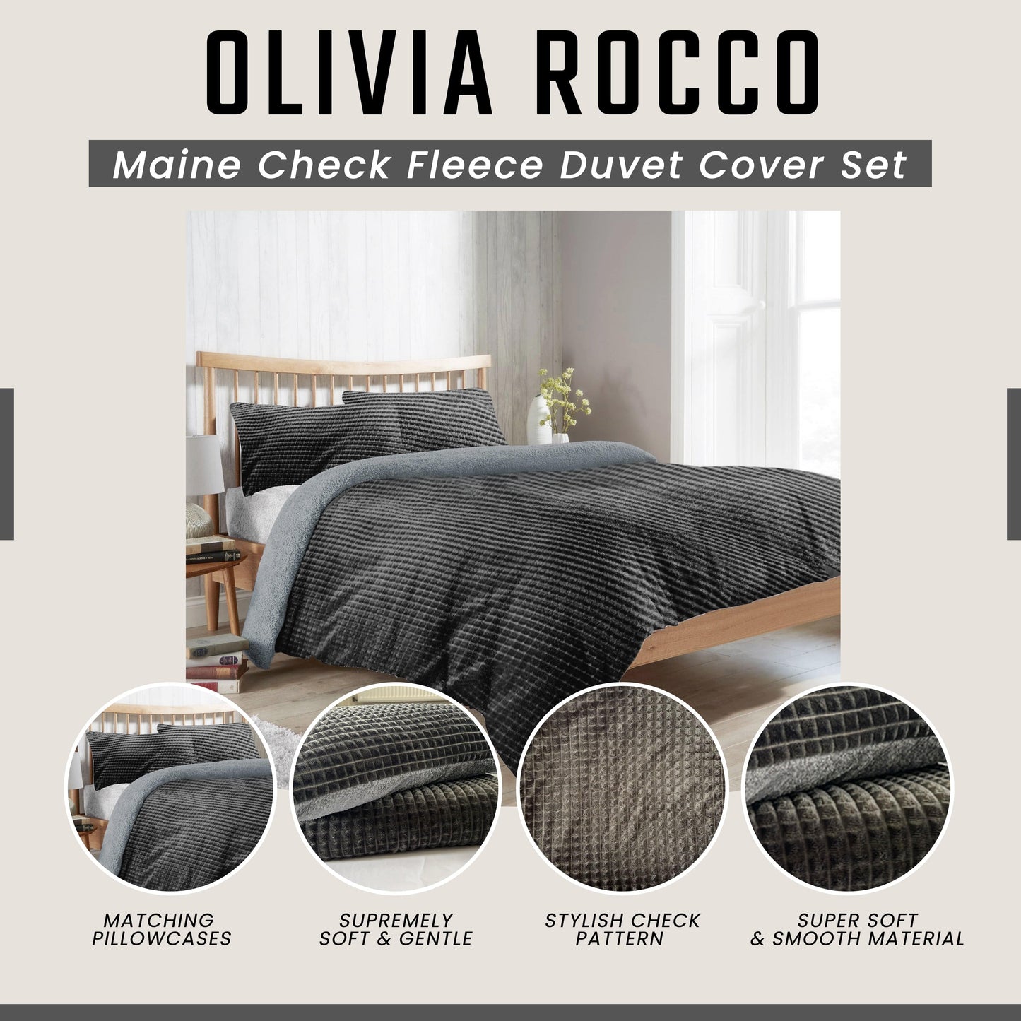 OLIVIA ROCCO Maine Check Fleece Duvet Cover Set Reversible With Pillowcases Super Soft Fluffy Winter Warmth Black Grey Bedding